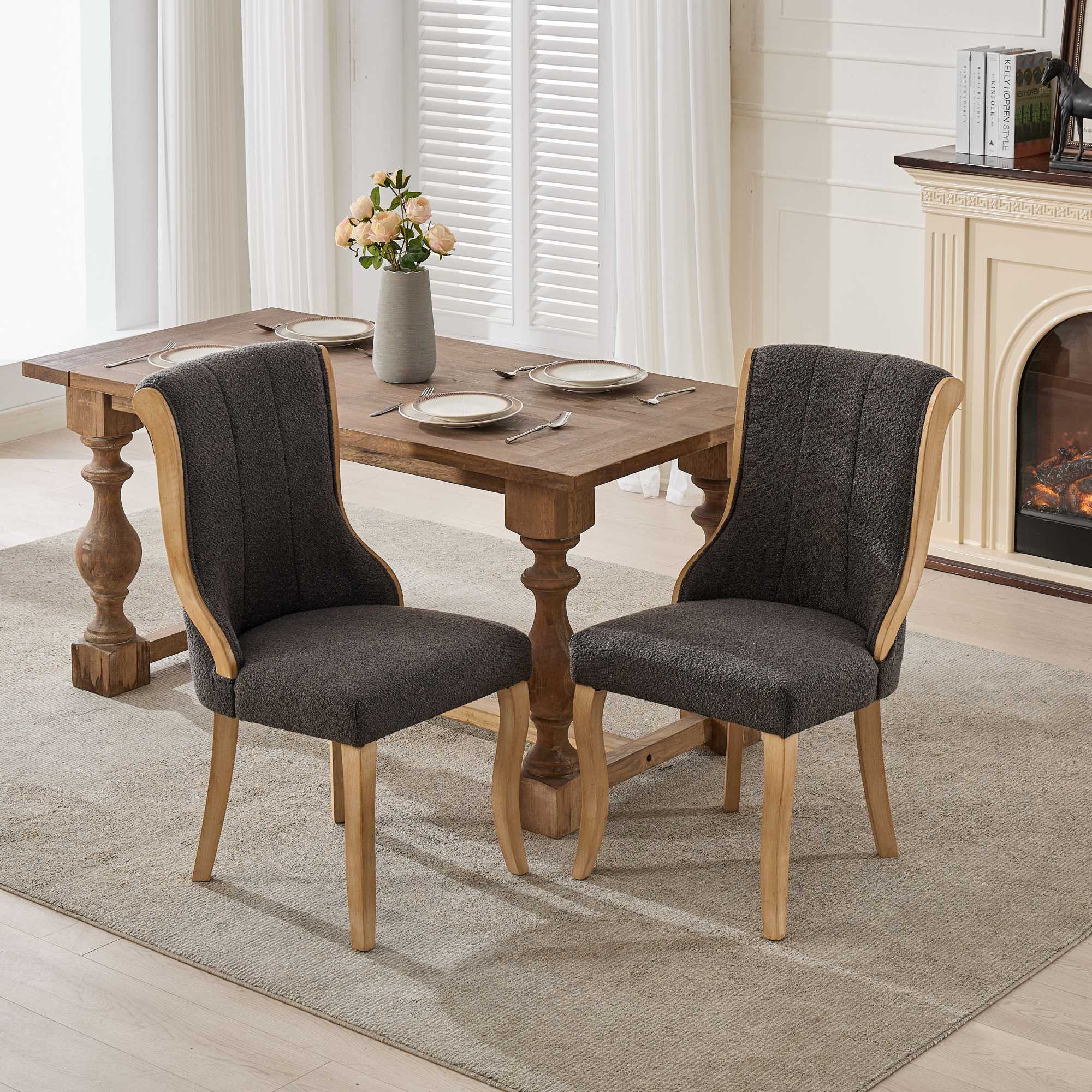 Medieval-style curved wood veneer snow velvet dining chair(gray)