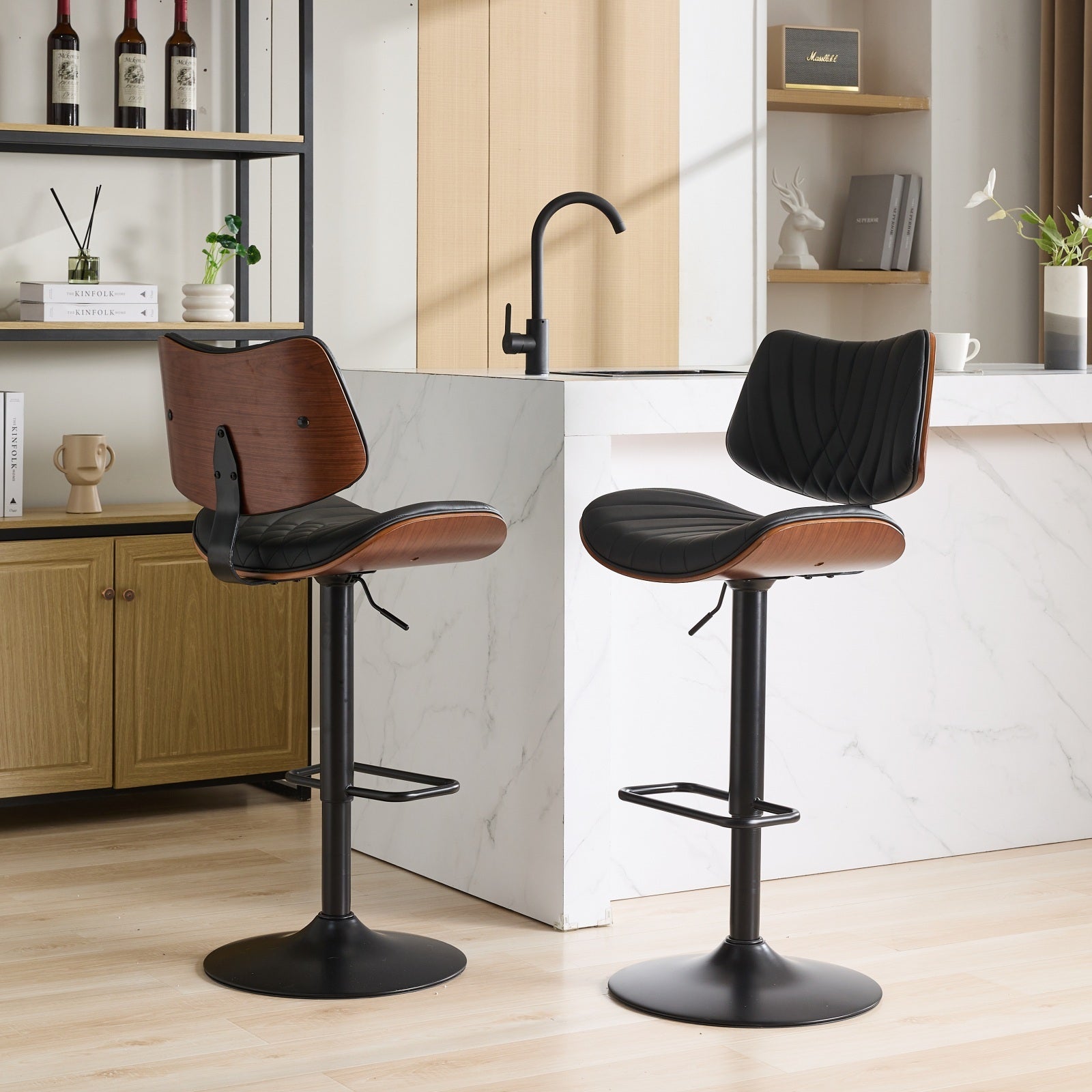 Adjustable leather soft cushion 360° rotatable walnut bar stool(Black)