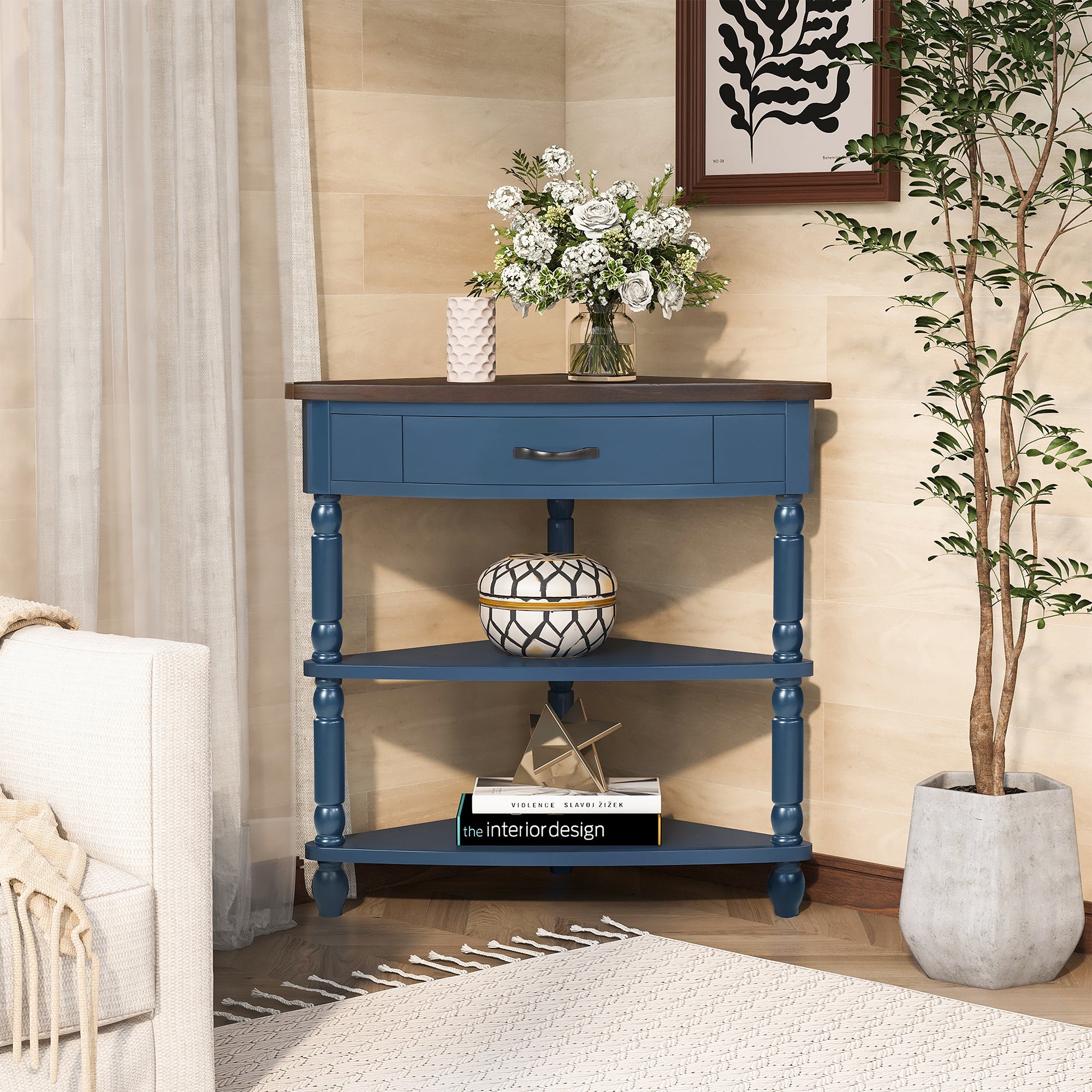 Three-tiered small triangular corner tables(navy blue)