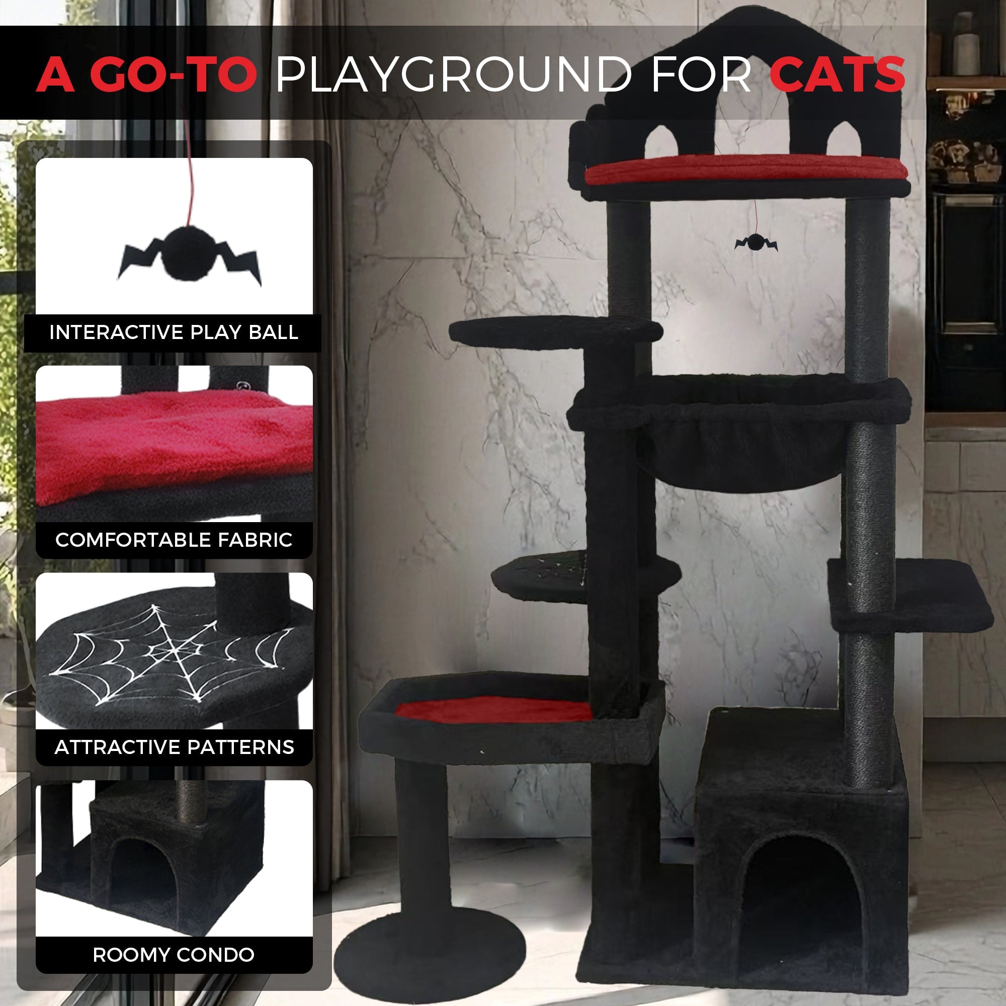 58 - inch black Gothic multi - storey cat tree - KiKiUMi