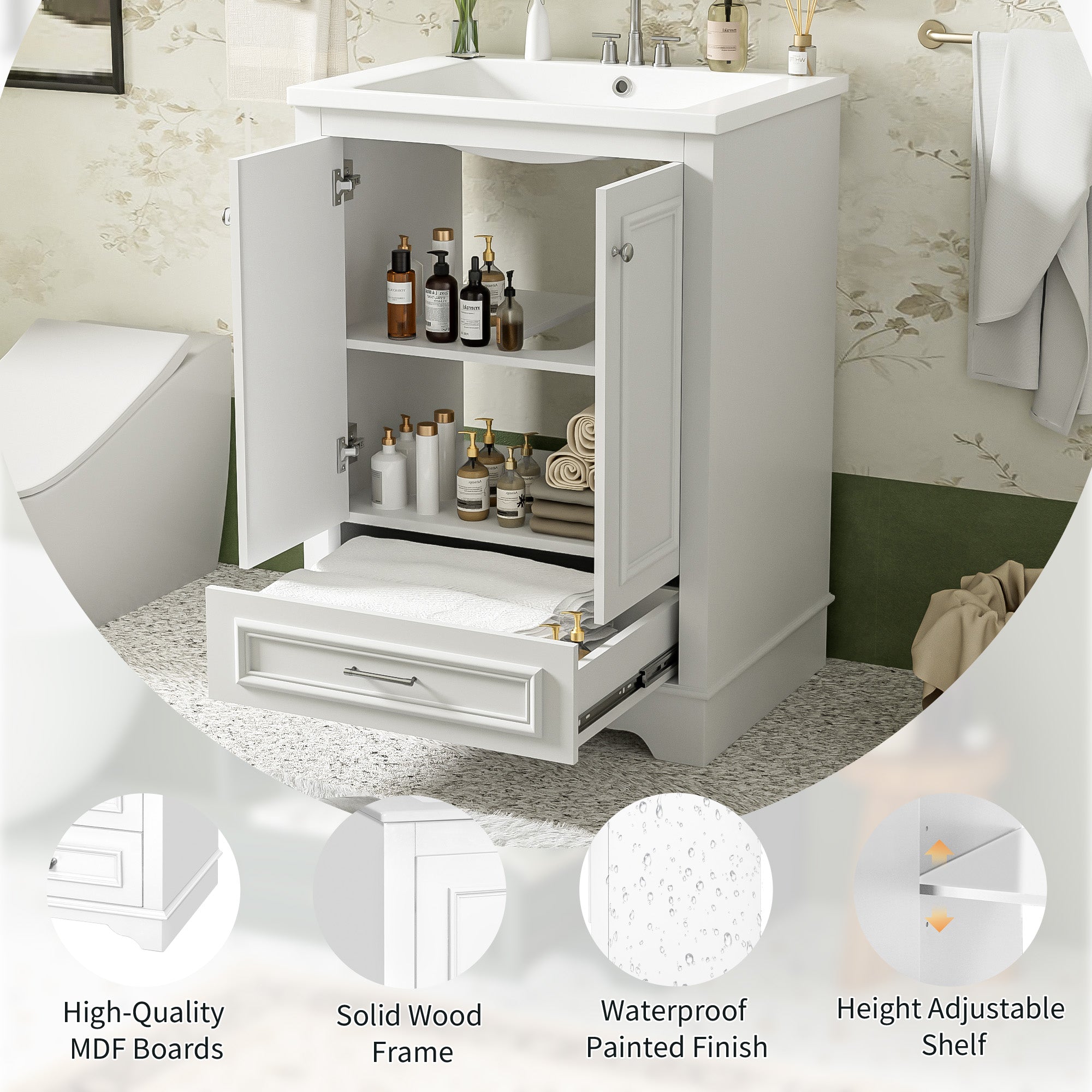24-inch ceramic sink bathroom dressing table, modern standalone storage cabinet(white)
