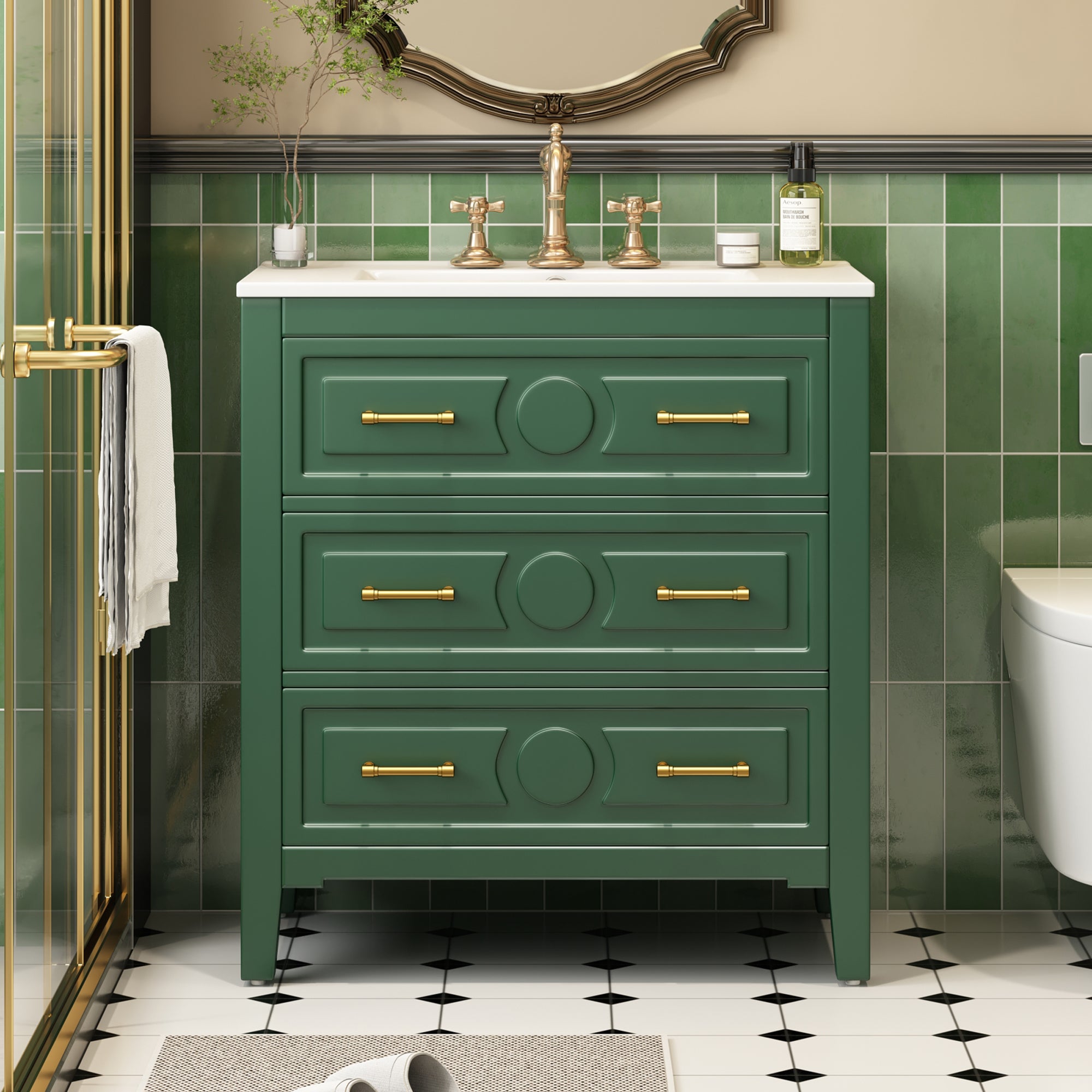 30 "Ceramic sink solid wood frame independent single dressing table set(green)
