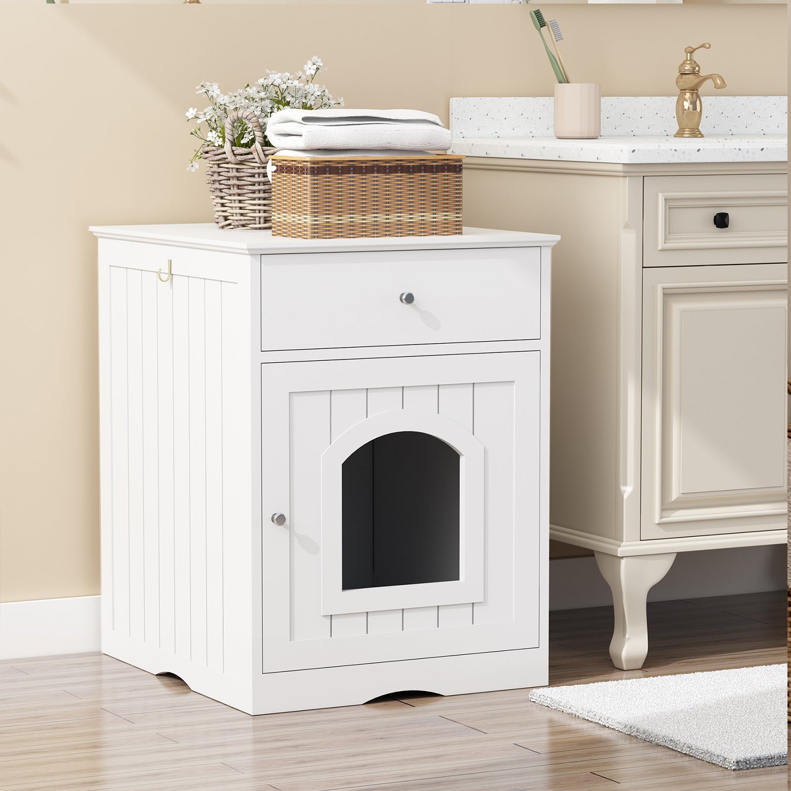 Wooden pet cat litter box with drawers and side tables and a cat's bedside table (White)