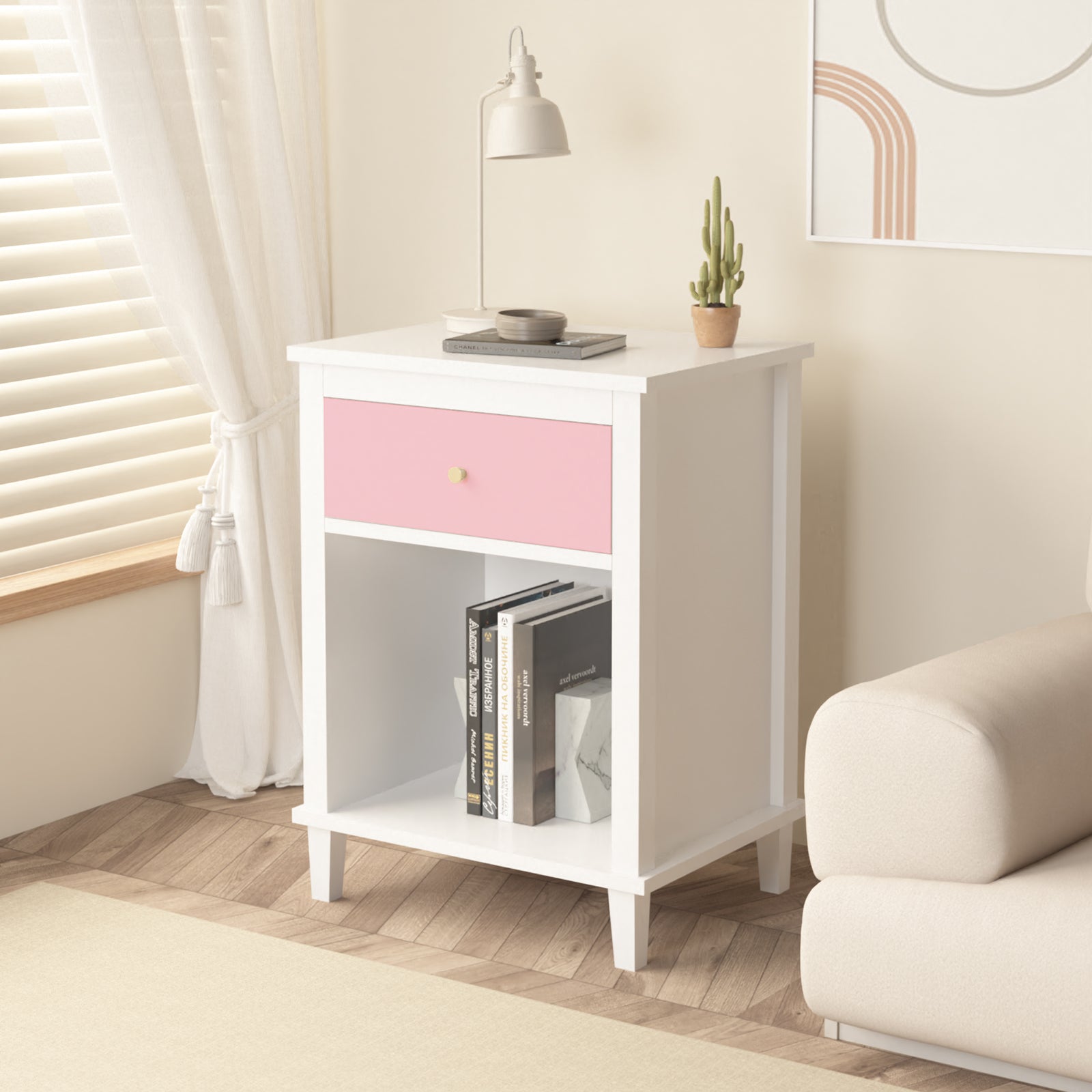 Pink wooden bedside table with drawers and storage cabinets