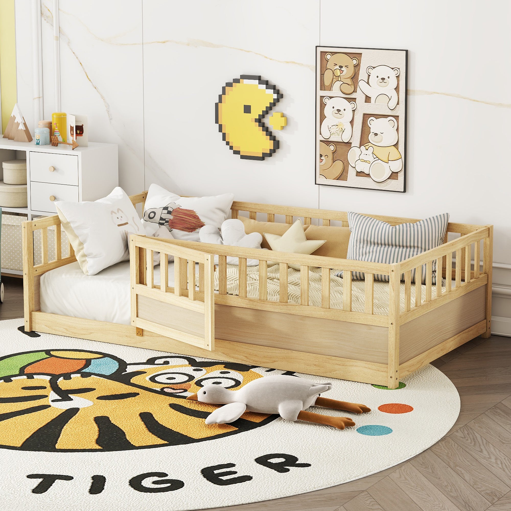 Natural wood support board, double Montessori wooden children's floor bed