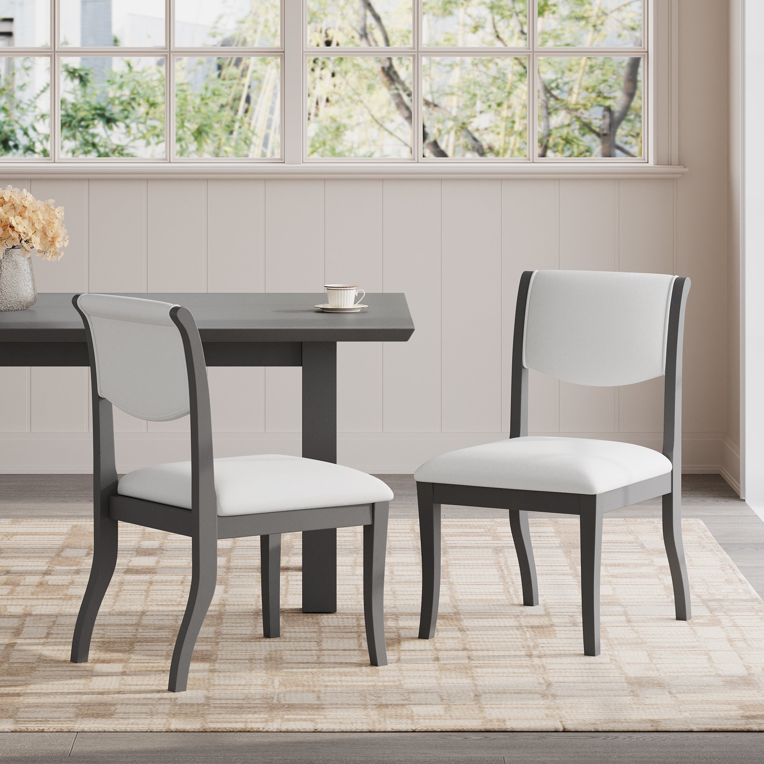 Two elegant curved upholstered dining chairs（grey+white）