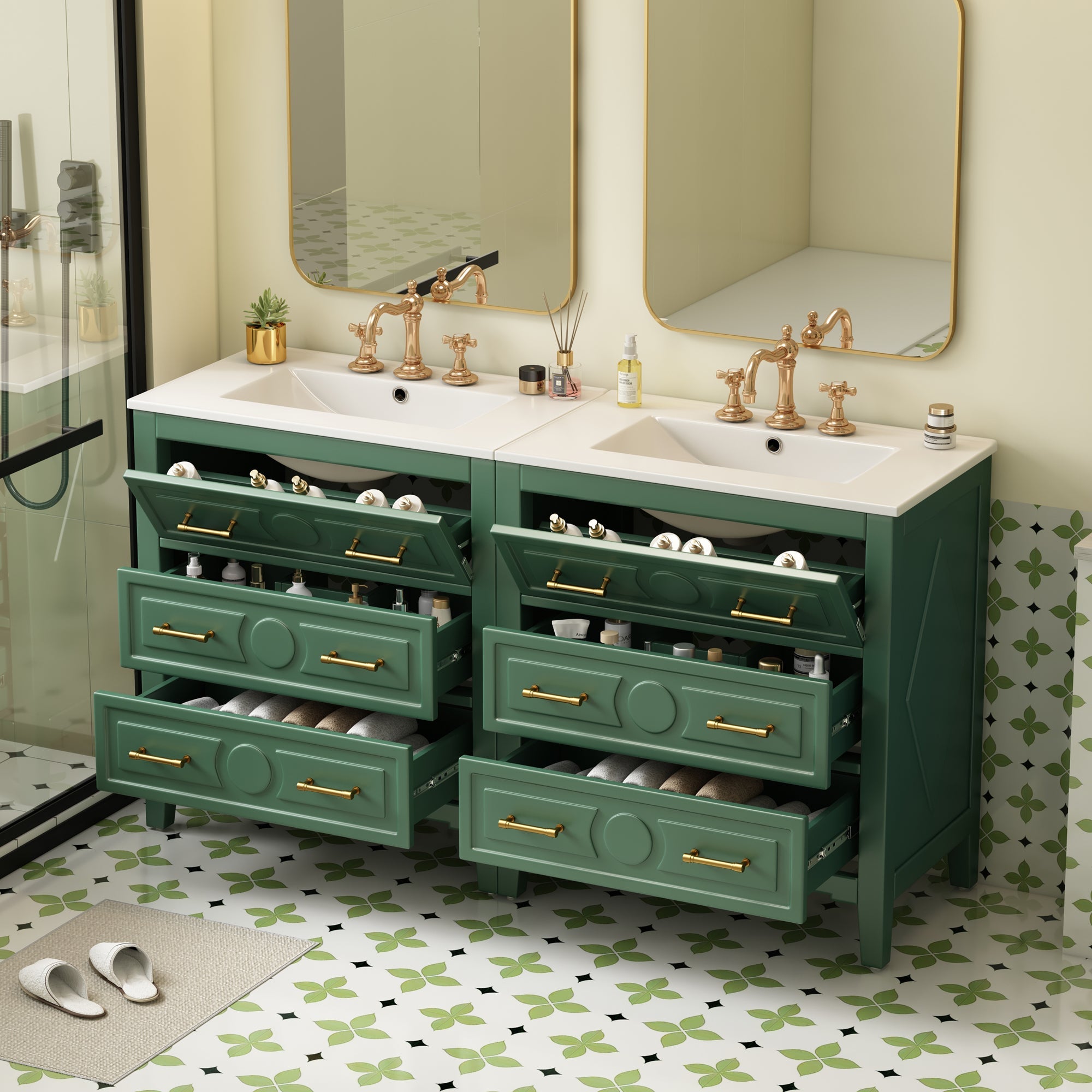 60 - inch ceramic sink with solid wood frame bathroom dressing table(green) - KiKiUMi