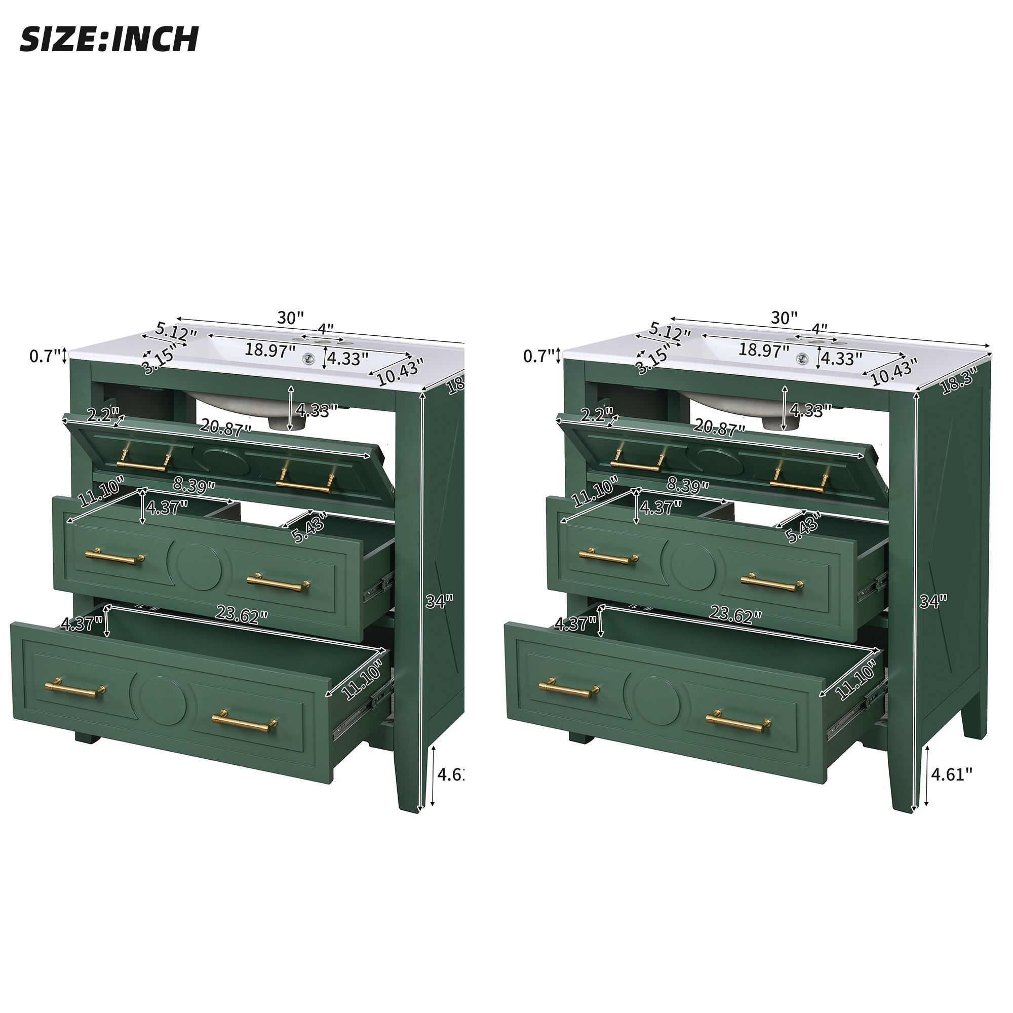 60 - inch ceramic sink with solid wood frame bathroom dressing table(green) - KiKiUMi