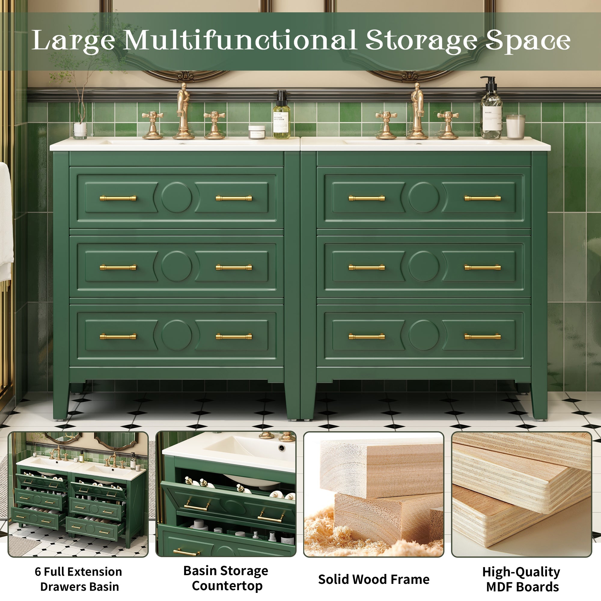 60 - inch ceramic sink with solid wood frame bathroom dressing table(green) - KiKiUMi