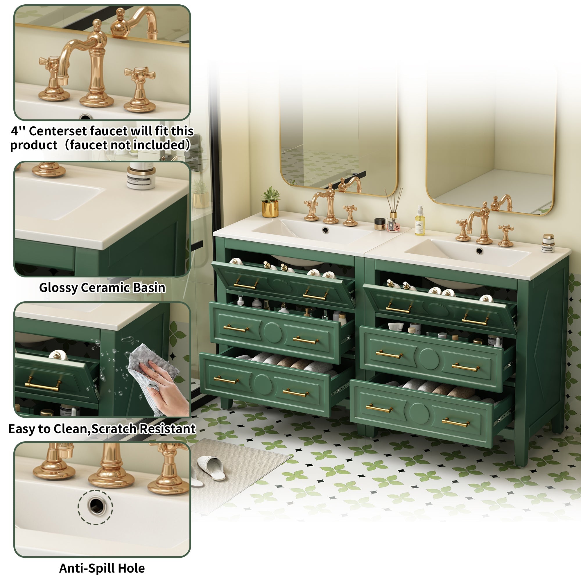 60 - inch ceramic sink with solid wood frame bathroom dressing table(green) - KiKiUMi