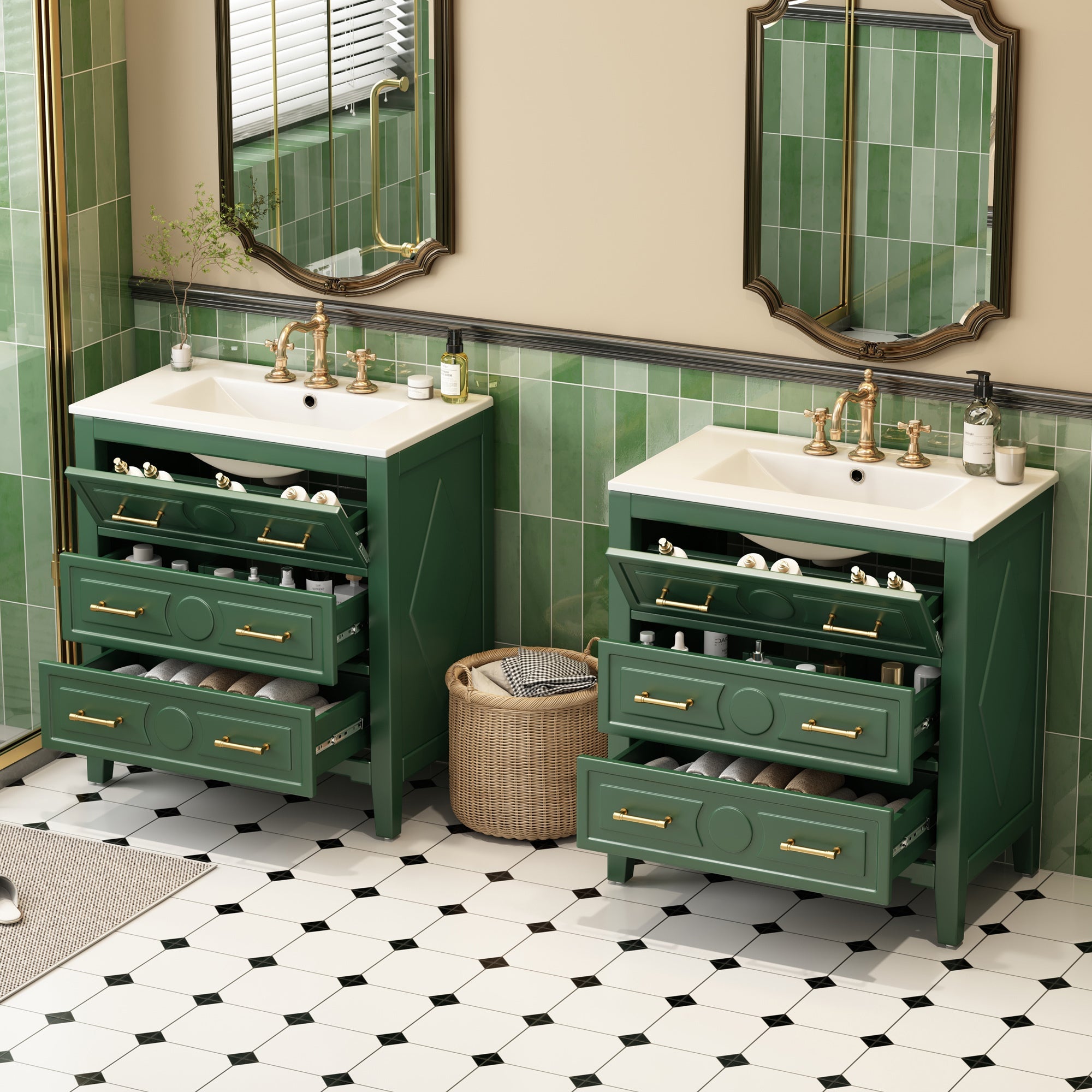 60 - inch ceramic sink with solid wood frame bathroom dressing table(green) - KiKiUMi