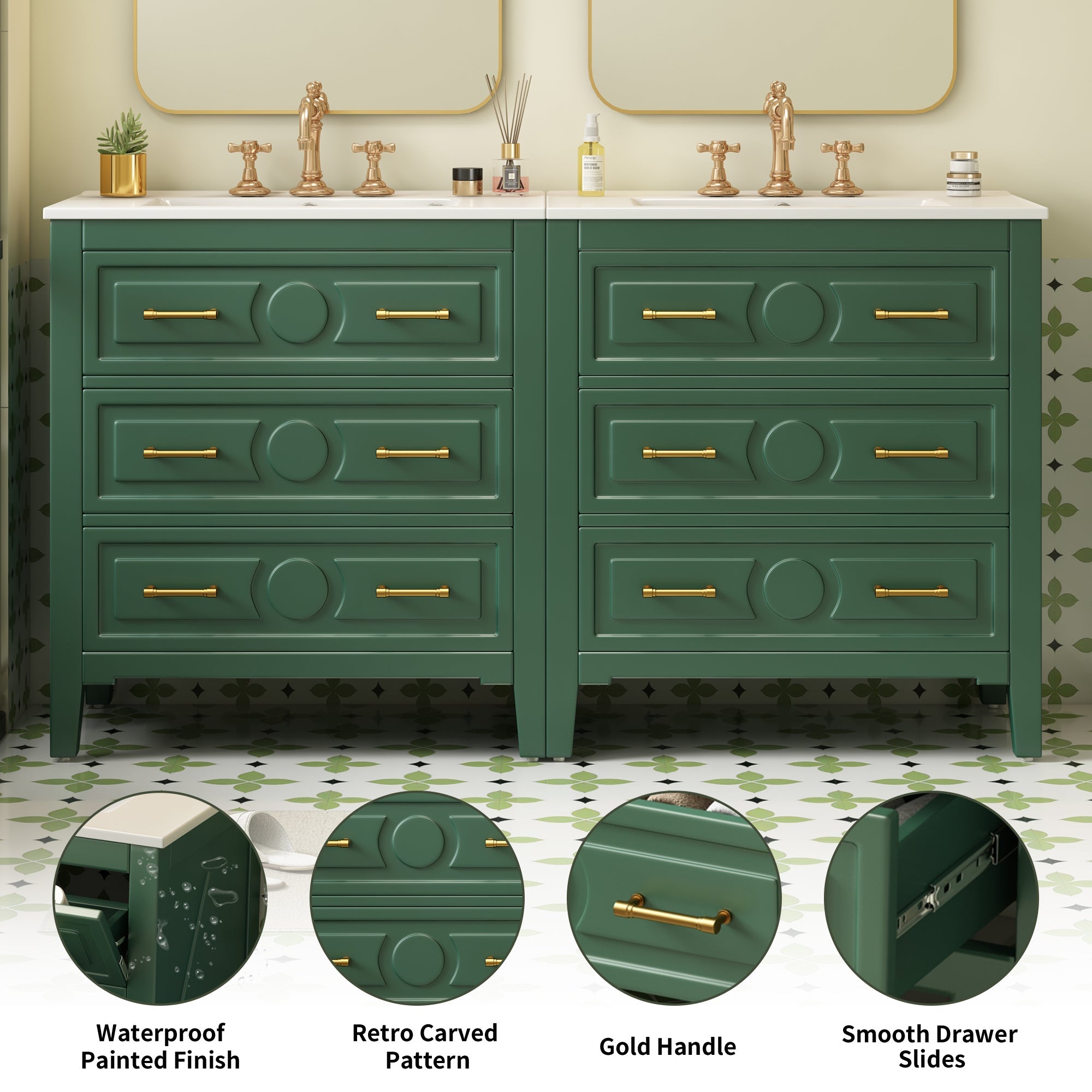 60 - inch ceramic sink with solid wood frame bathroom dressing table(green) - KiKiUMi