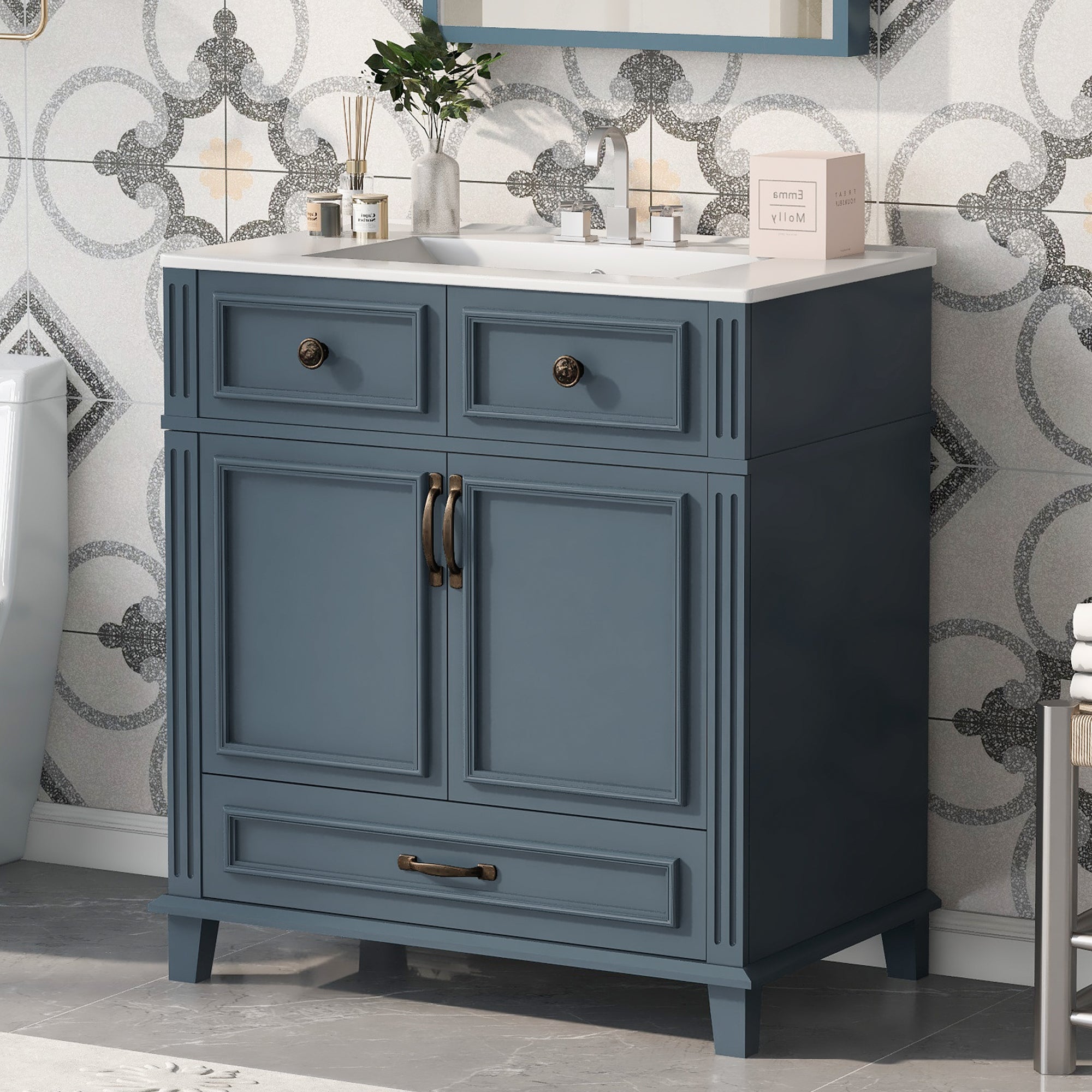 Blue 30 "ceramic sink solid wood frame bathroom dressing table