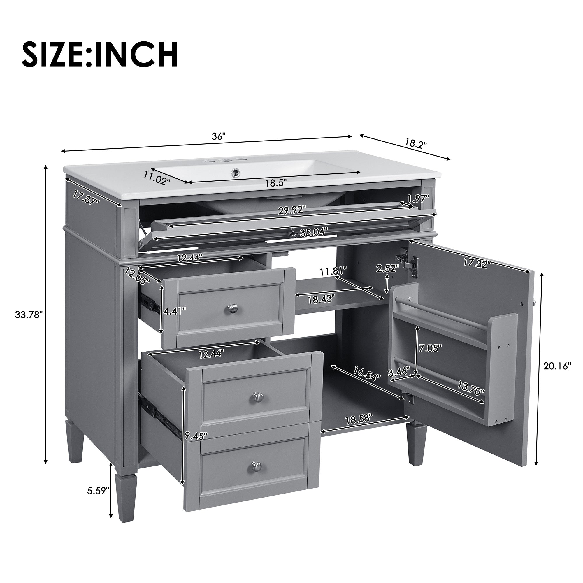 36 "Single sink bathroom dressing table, modern bathroom storage cabinet(Grey)