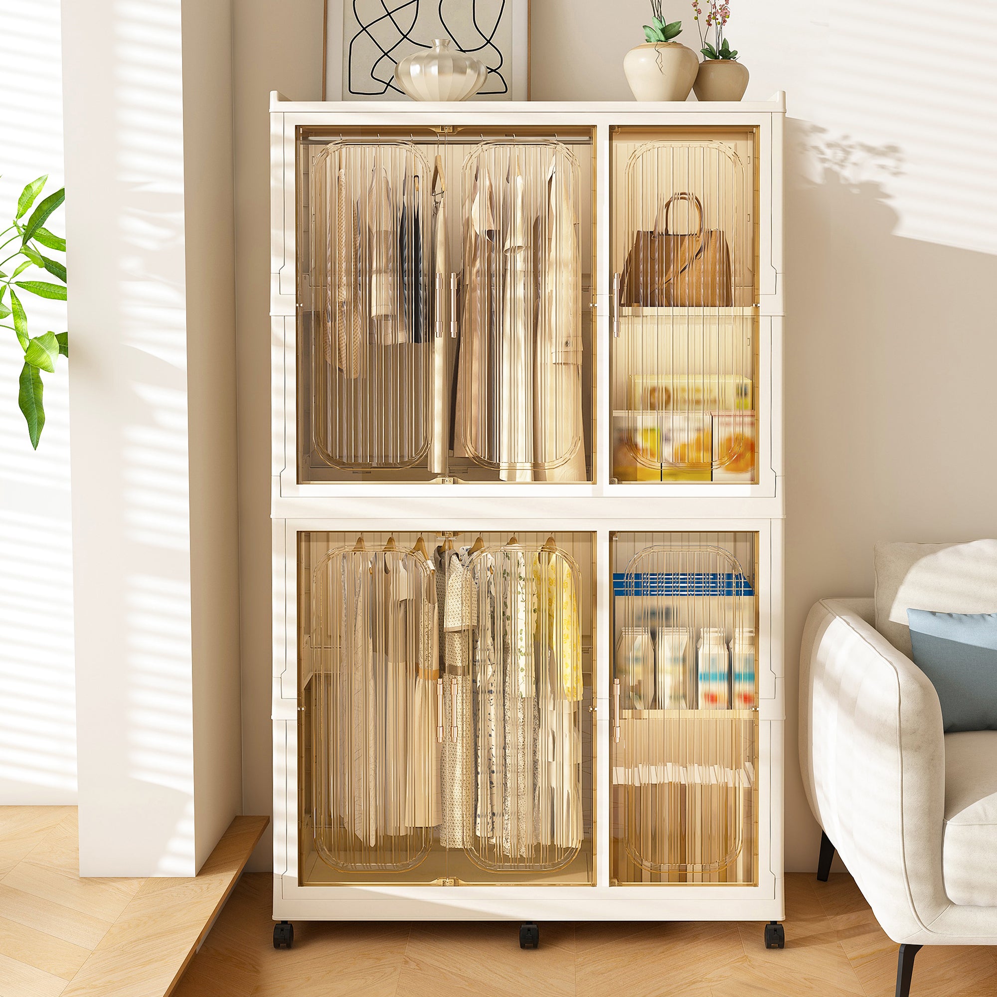 White portable wardrobe storage cabinet and dressing table