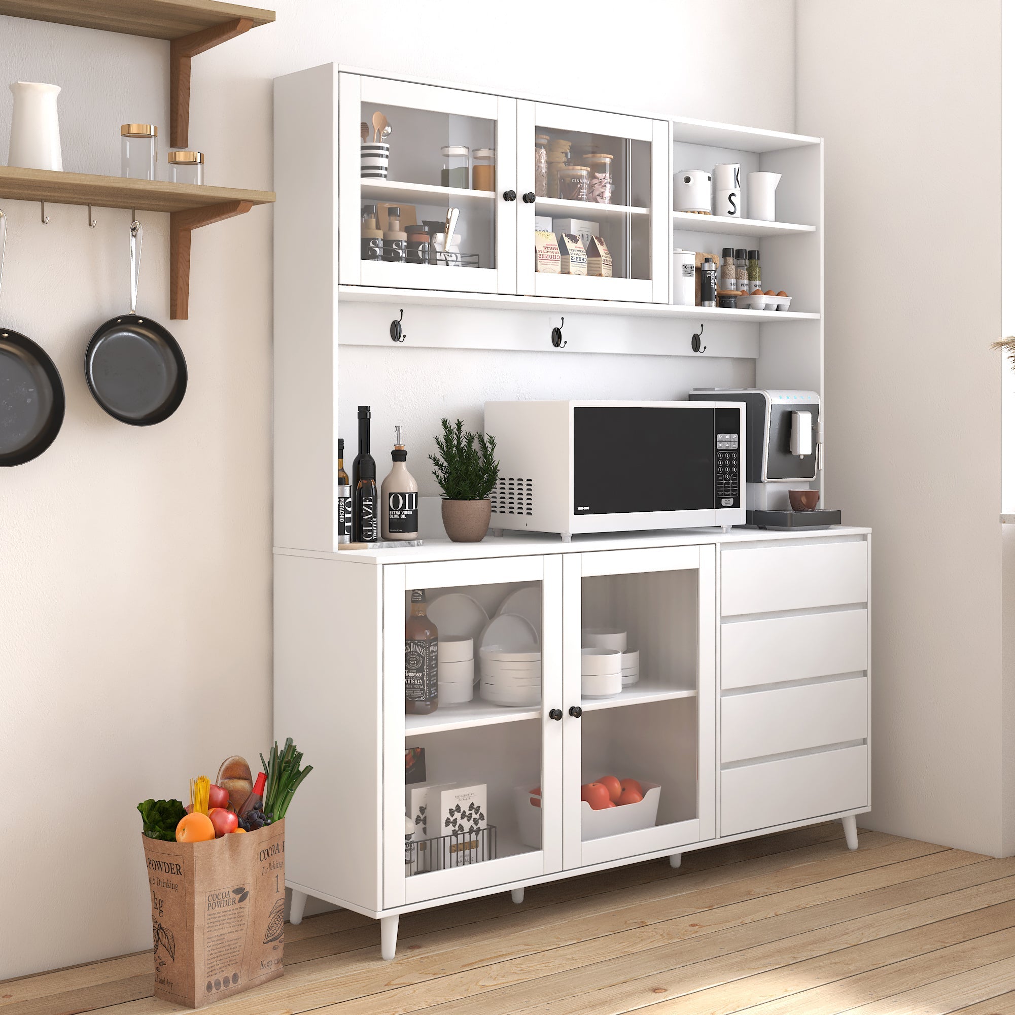 63 'W large kitchen cabinet, independent food cabinet (white) - KiKiUMi