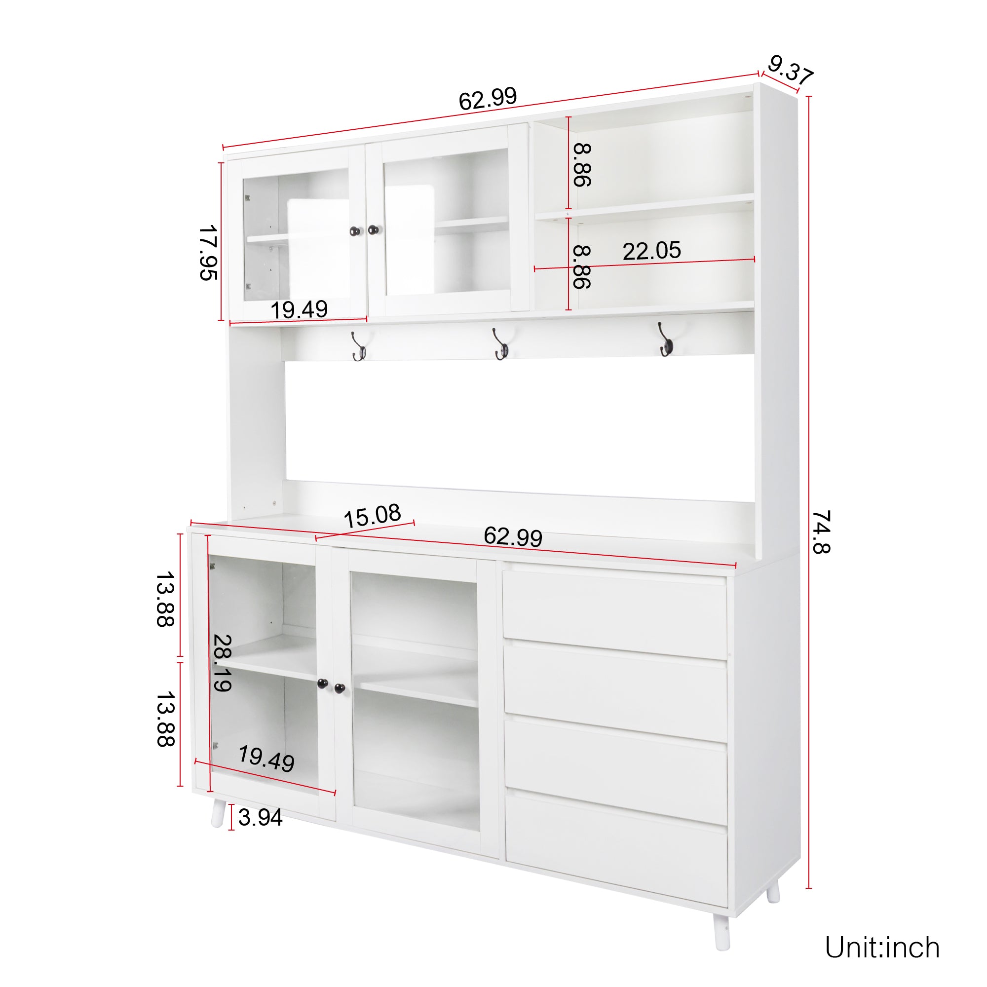 63 'W large kitchen cabinet, independent food cabinet (white) - KiKiUMi
