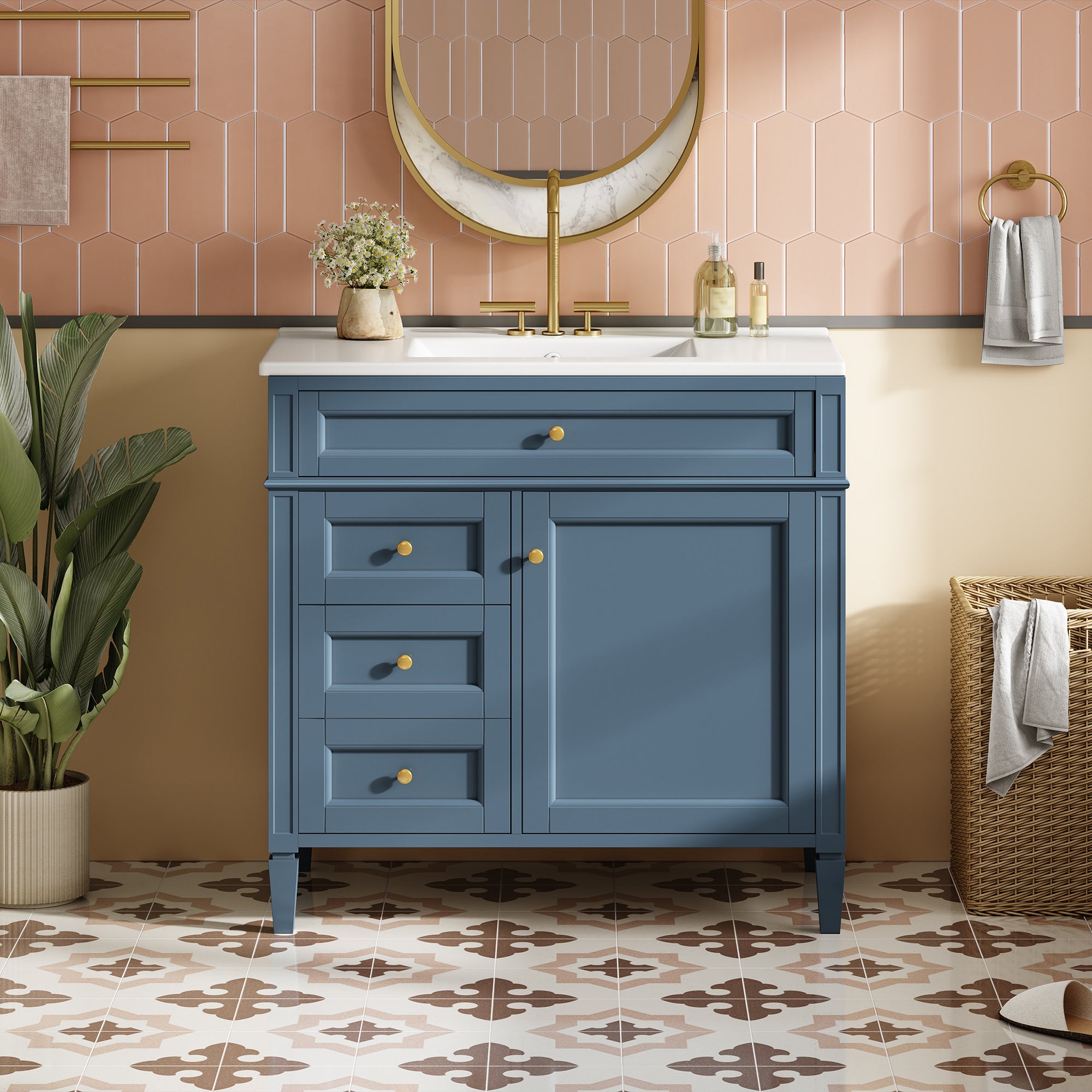 36 "Single sink bathroom dressing table, modern bathroom storage cabinet(indigo blue)