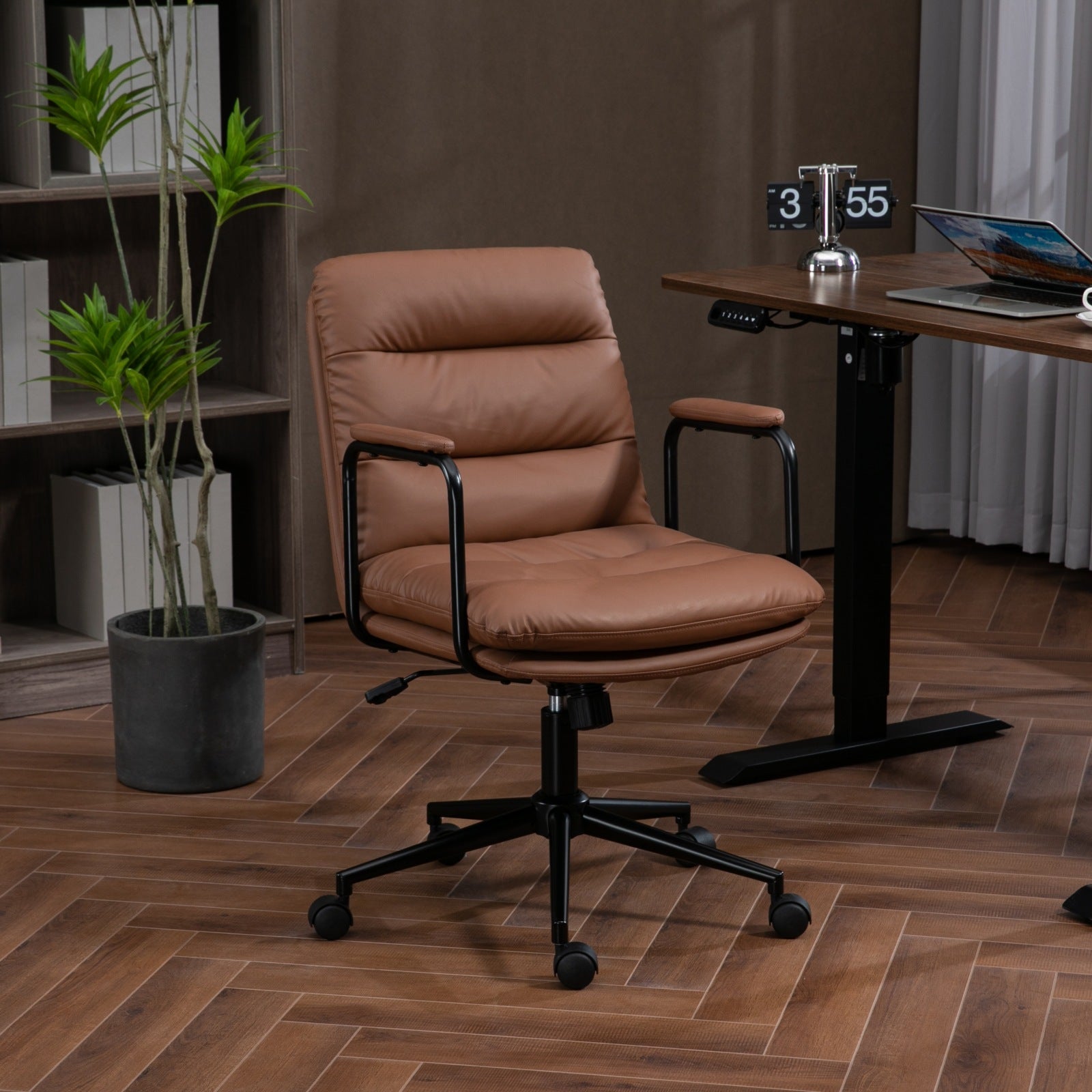 Rolling swivel chair made of PU leather with soft-padded armrests(Brown)
