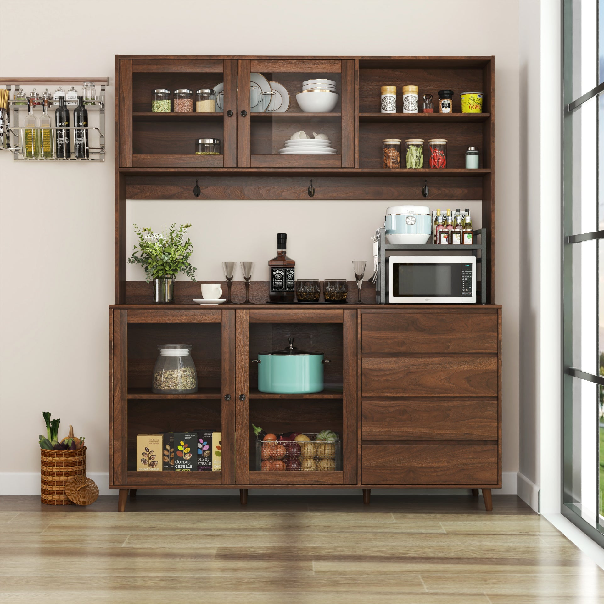 Independent food cabinet, 4 doors, 4 drawers and microwave cabinet（walnut）