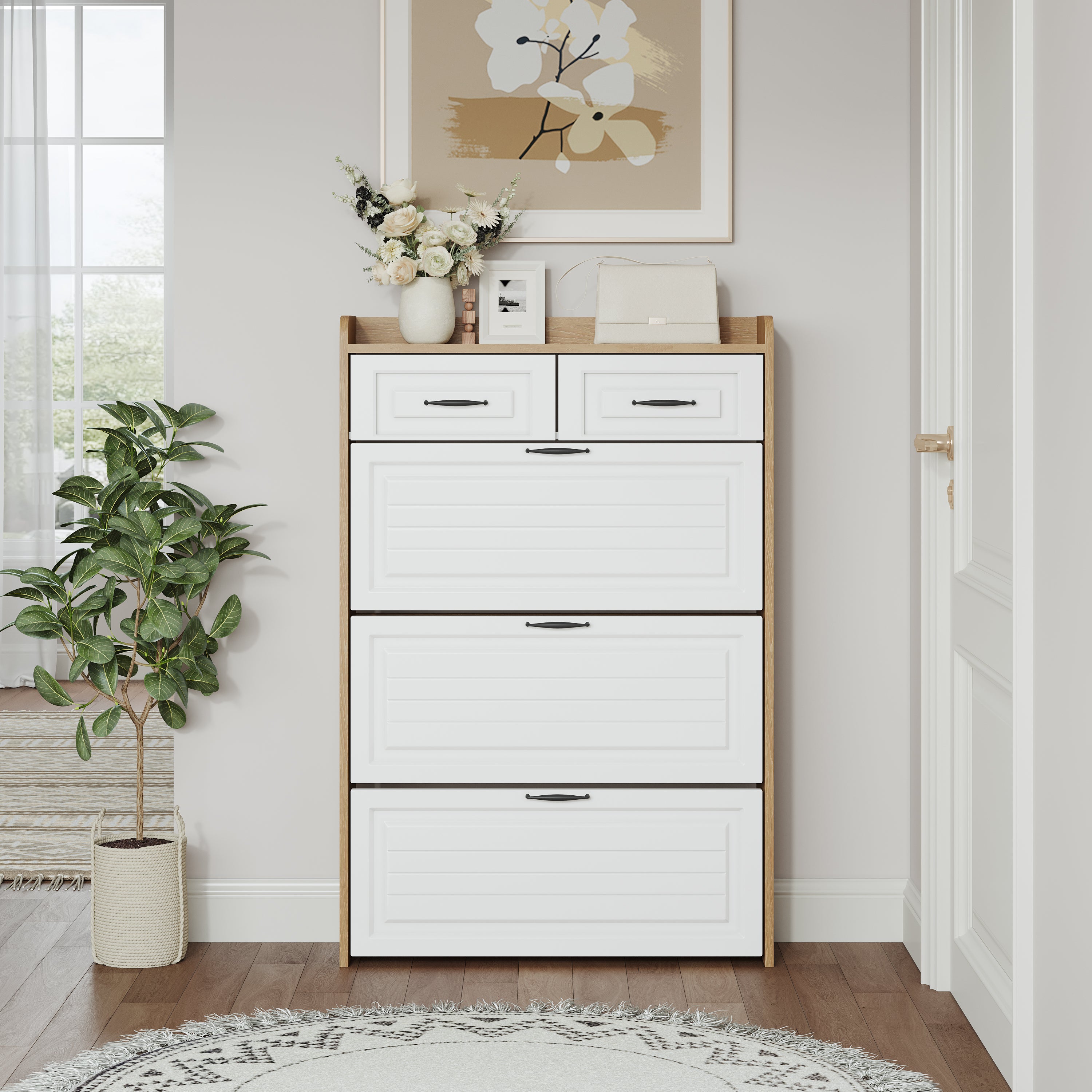 White oak-colored shoe cabinet, 3 doors and 2 drawers