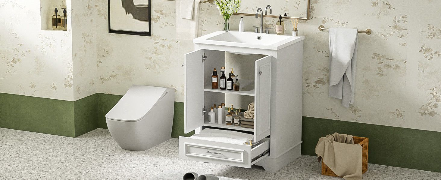 24-inch ceramic sink bathroom dressing table, modern standalone storage cabinet(white)