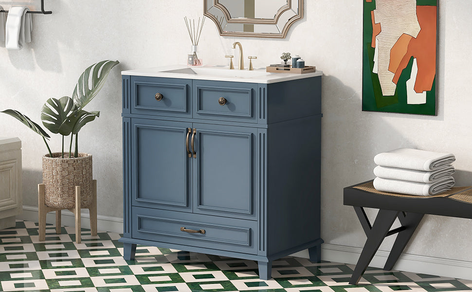 Blue 30 "ceramic sink solid wood frame bathroom dressing table