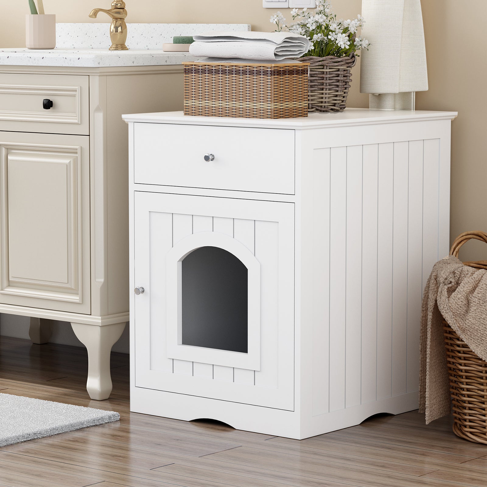 Wooden pet cat litter box with drawers and side tables and a cat's bedside table (White)