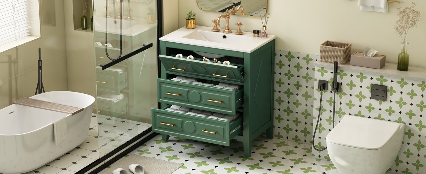 30 "Ceramic sink solid wood frame independent single dressing table set(green)