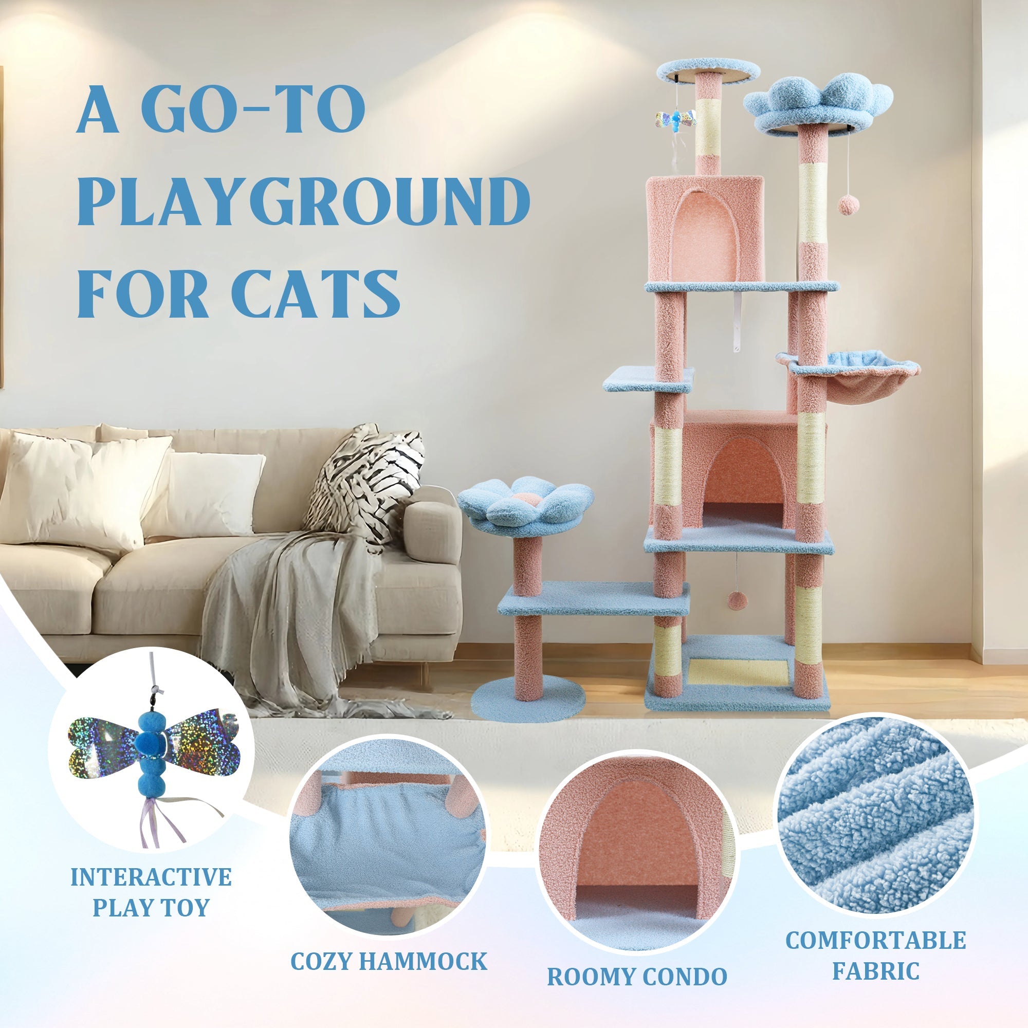 71 - inch detachable flower cat tree(blue) - KiKiUMi
