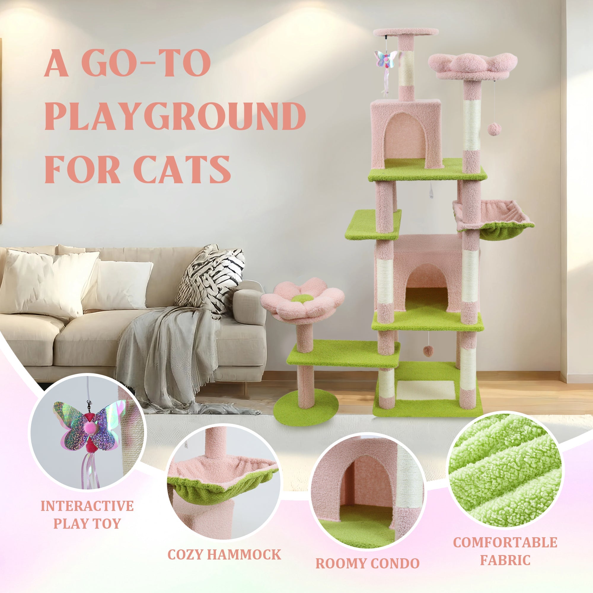 71 - inch detachable flower cat tree(pink) - KiKiUMi
