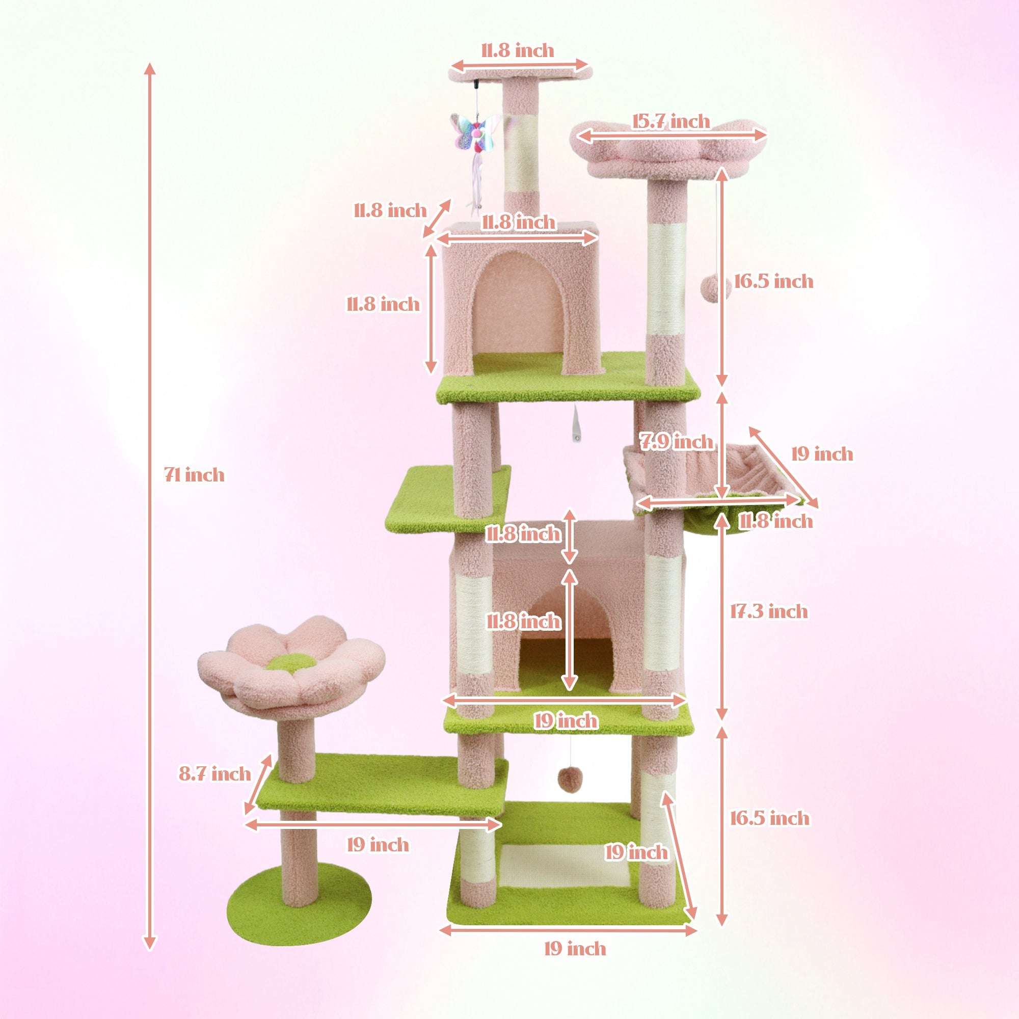 71 - inch detachable flower cat tree(pink) - KiKiUMi