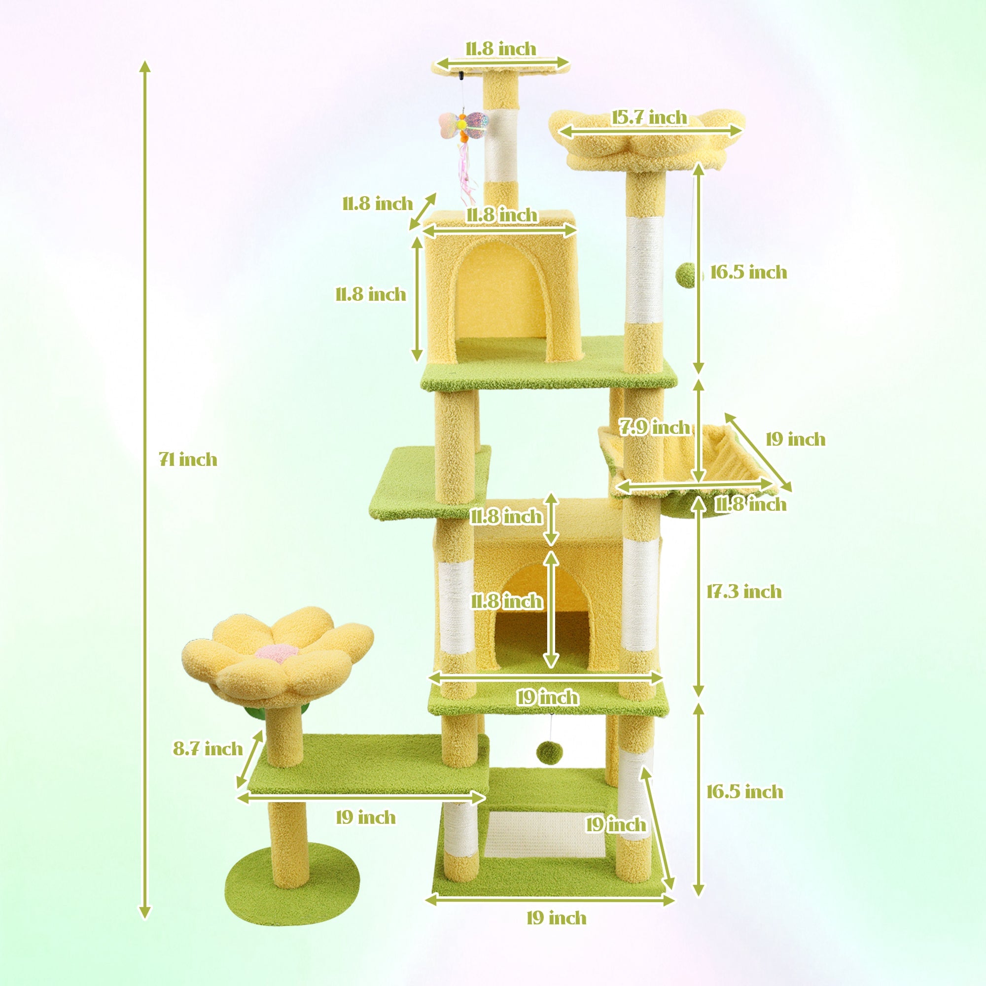 71 - inch yellow detachable flower cat tree - KiKiUMi
