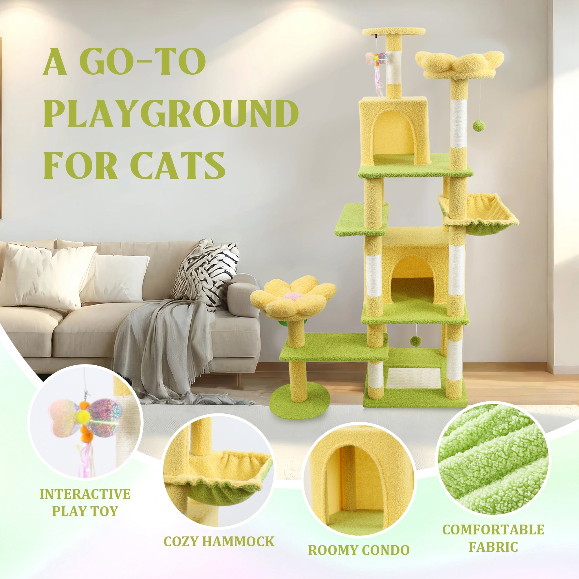 71 - inch yellow detachable flower cat tree - KiKiUMi