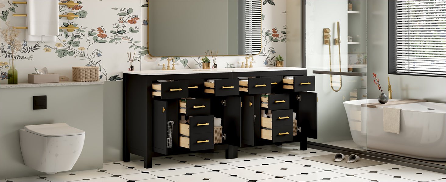 72 "Solid Wood Frame Ceramic Sink Bathroom Dressing Table set(black) - KiKiUMi