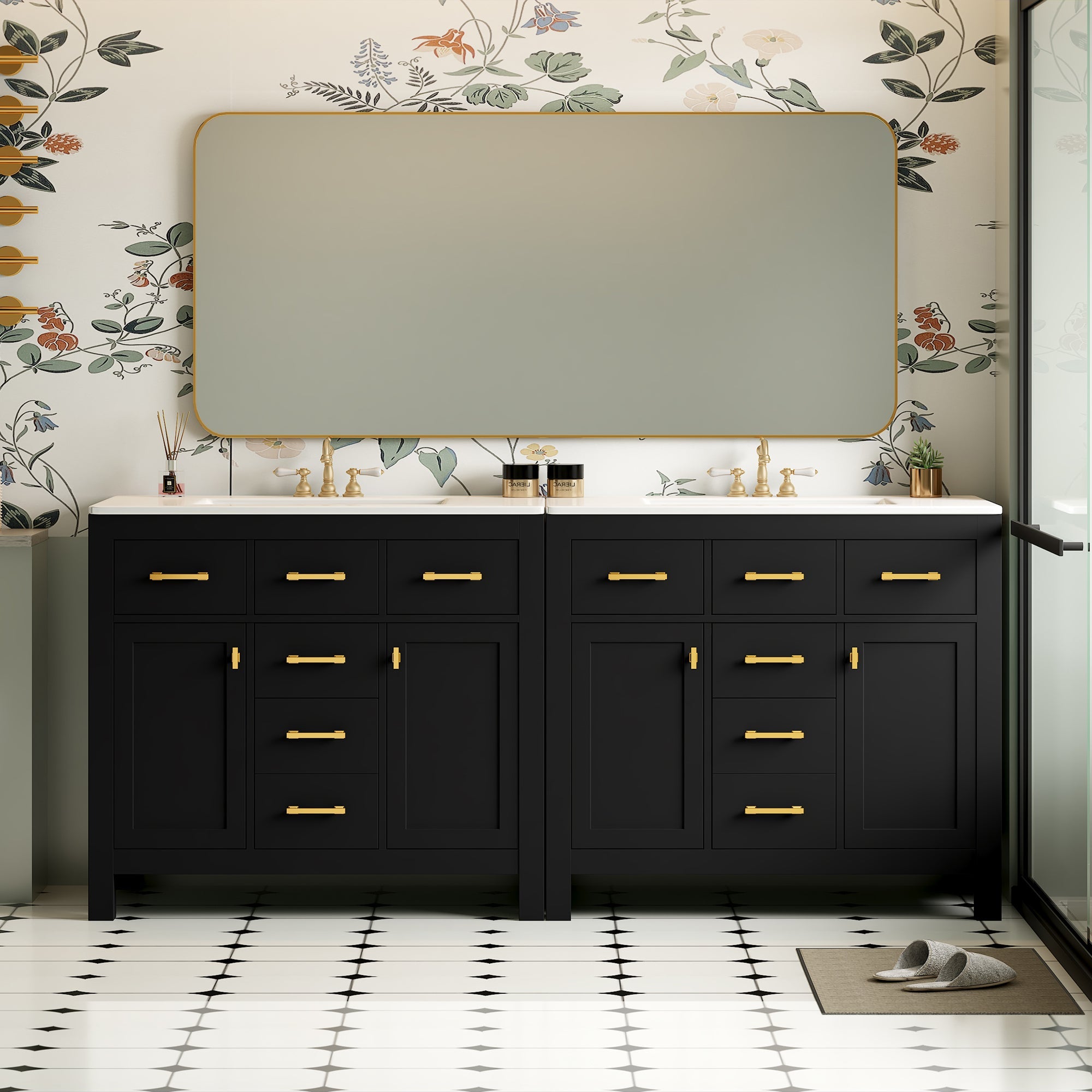 72 "Solid Wood Frame Ceramic Sink Bathroom Dressing Table set(black) - KiKiUMi