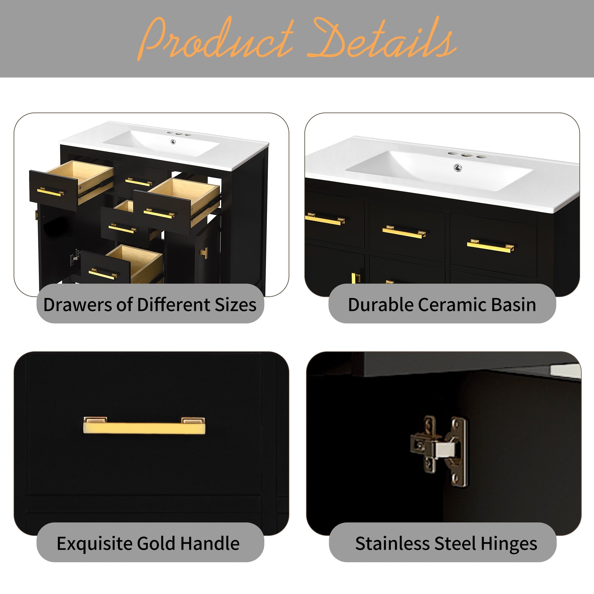 72 "Solid Wood Frame Ceramic Sink Bathroom Dressing Table set(black) - KiKiUMi