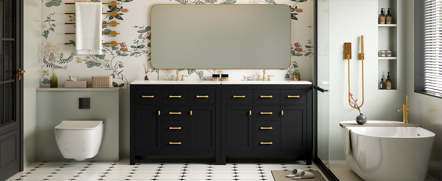72 "Solid Wood Frame Ceramic Sink Bathroom Dressing Table set(black) - KiKiUMi