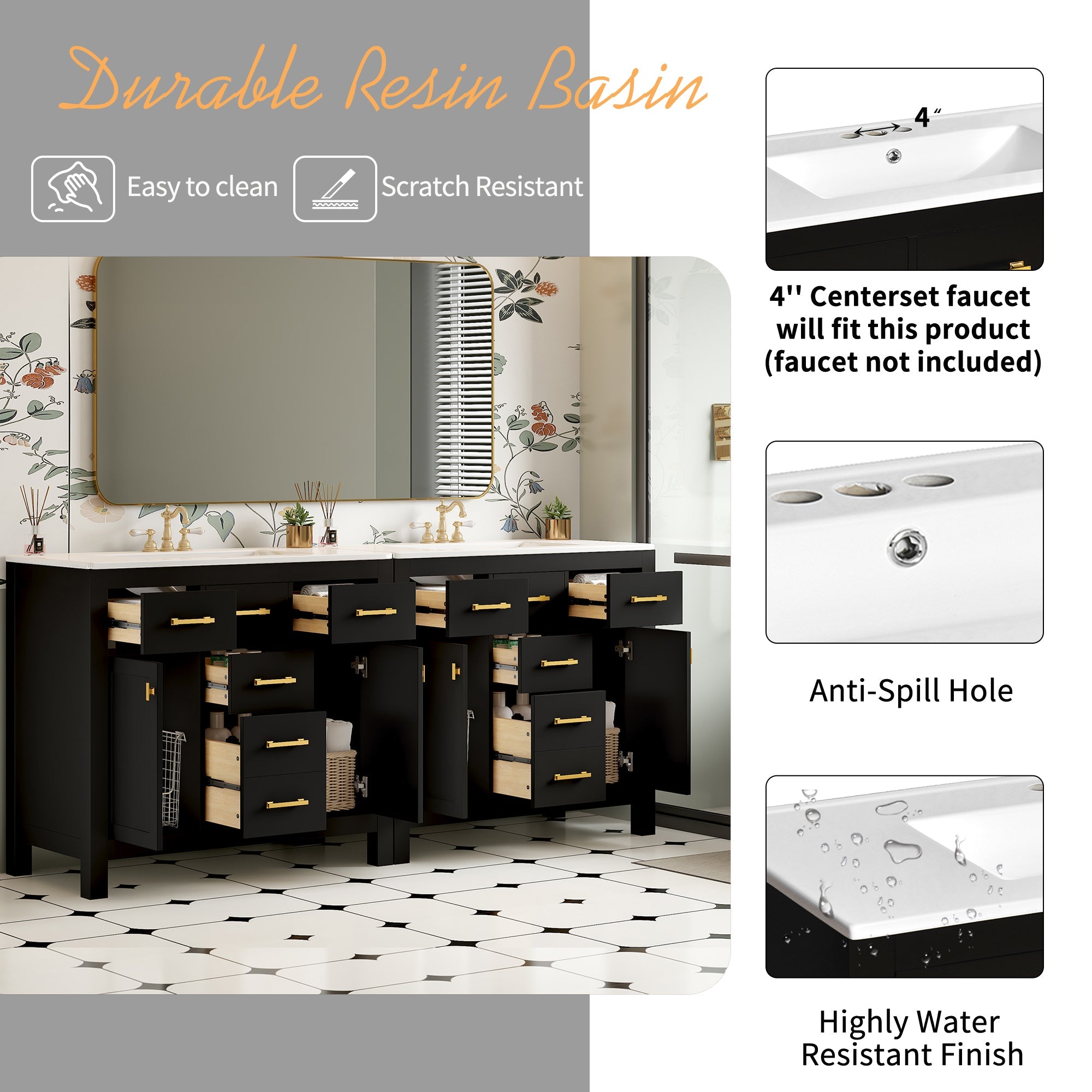 72 "Solid Wood Frame Ceramic Sink Bathroom Dressing Table set(black) - KiKiUMi