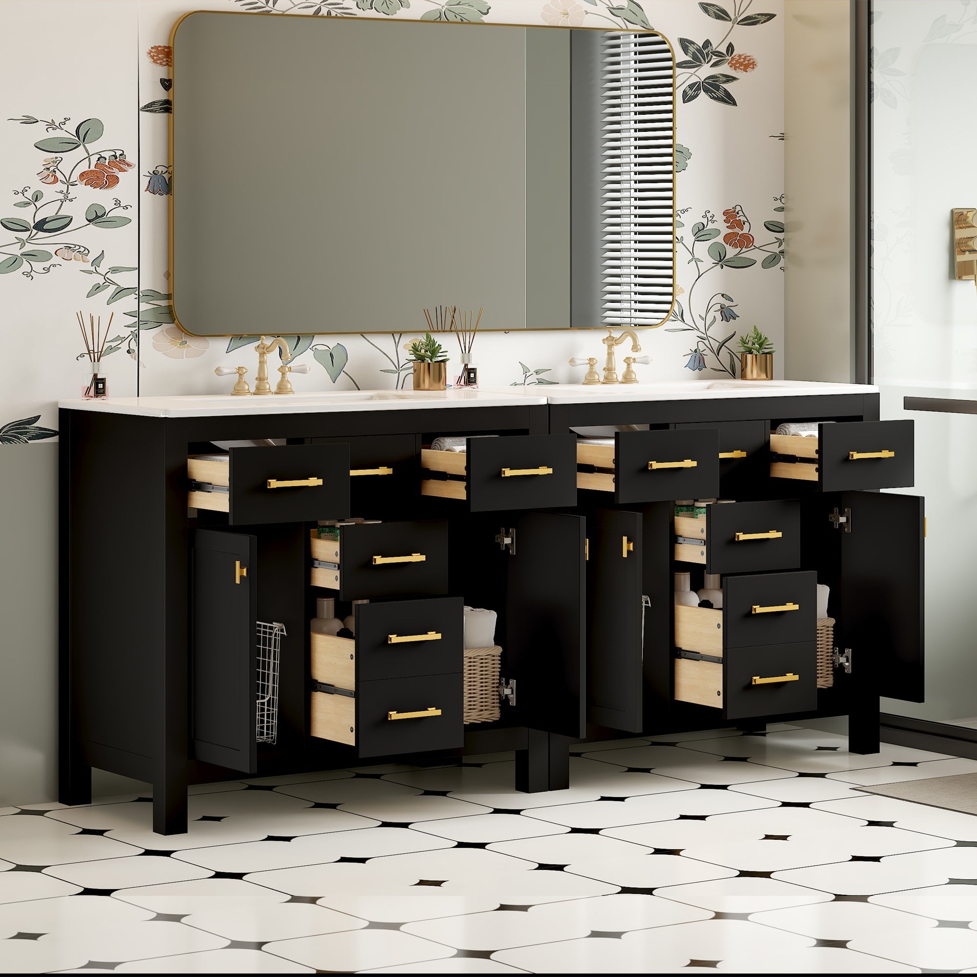 72 "Solid Wood Frame Ceramic Sink Bathroom Dressing Table set(black) - KiKiUMi