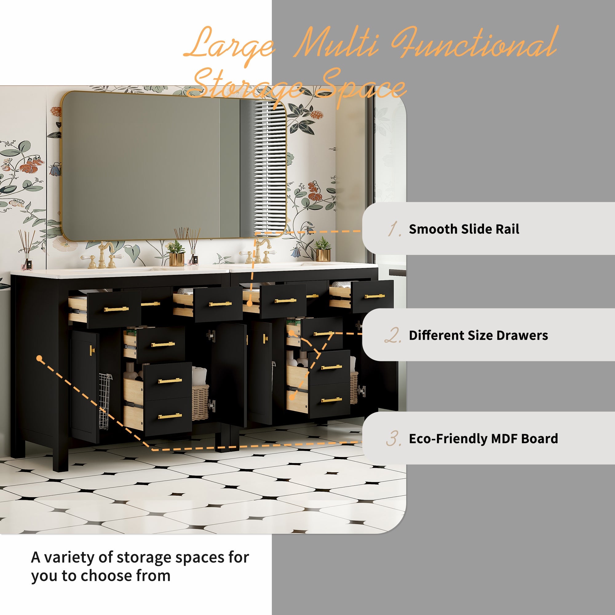 72 "Solid Wood Frame Ceramic Sink Bathroom Dressing Table set(black) - KiKiUMi