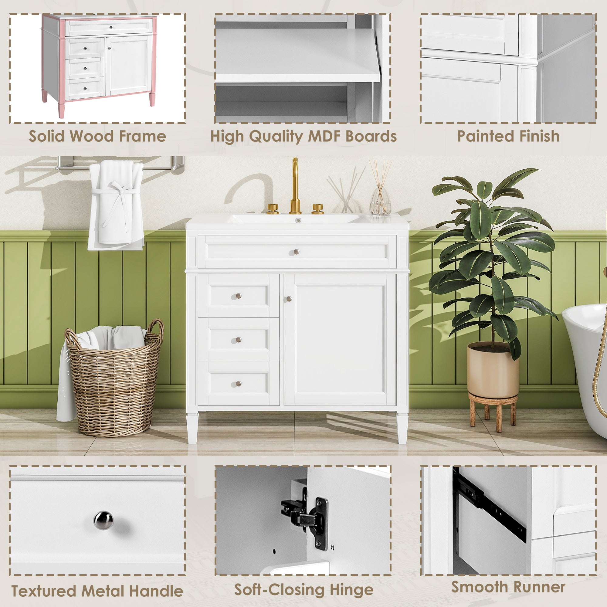 36 "Single sink bathroom dressing table, modern bathroom storage cabinet