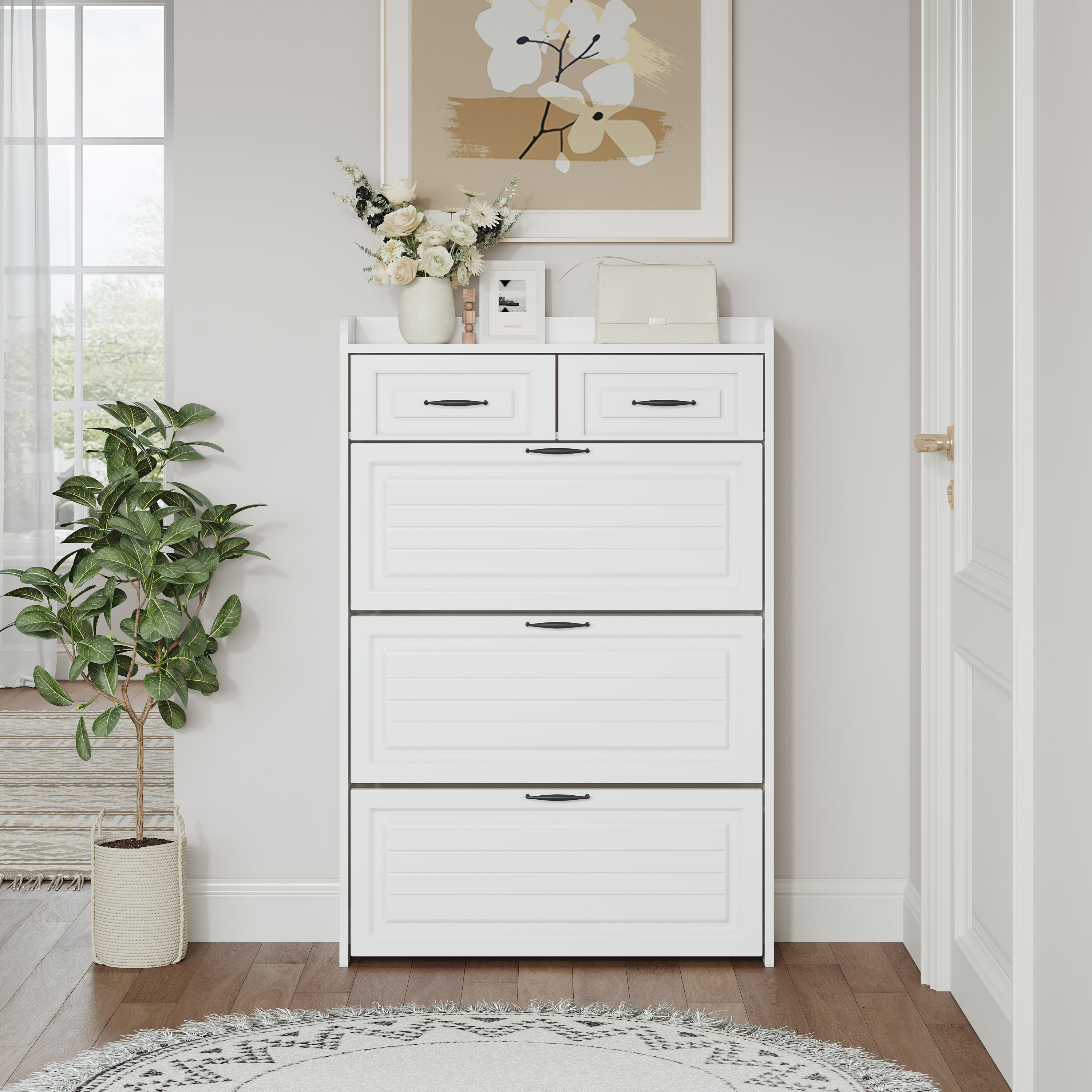 White shoe cabinet, 3 doors and 2 drawers, with large storage space