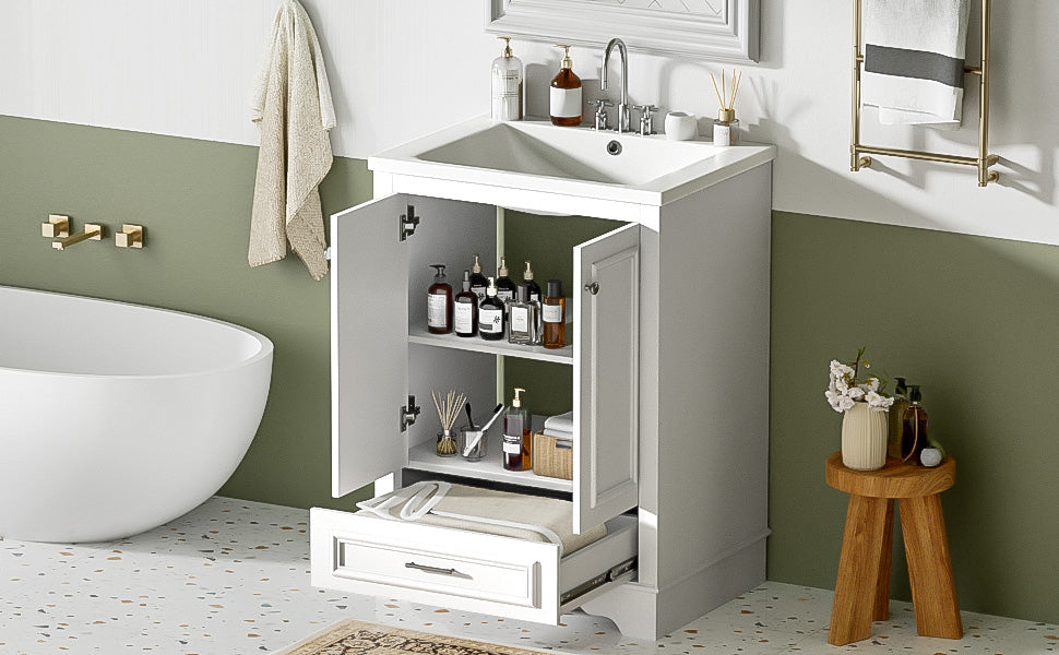 24-inch ceramic sink bathroom dressing table, modern standalone storage cabinet(white)