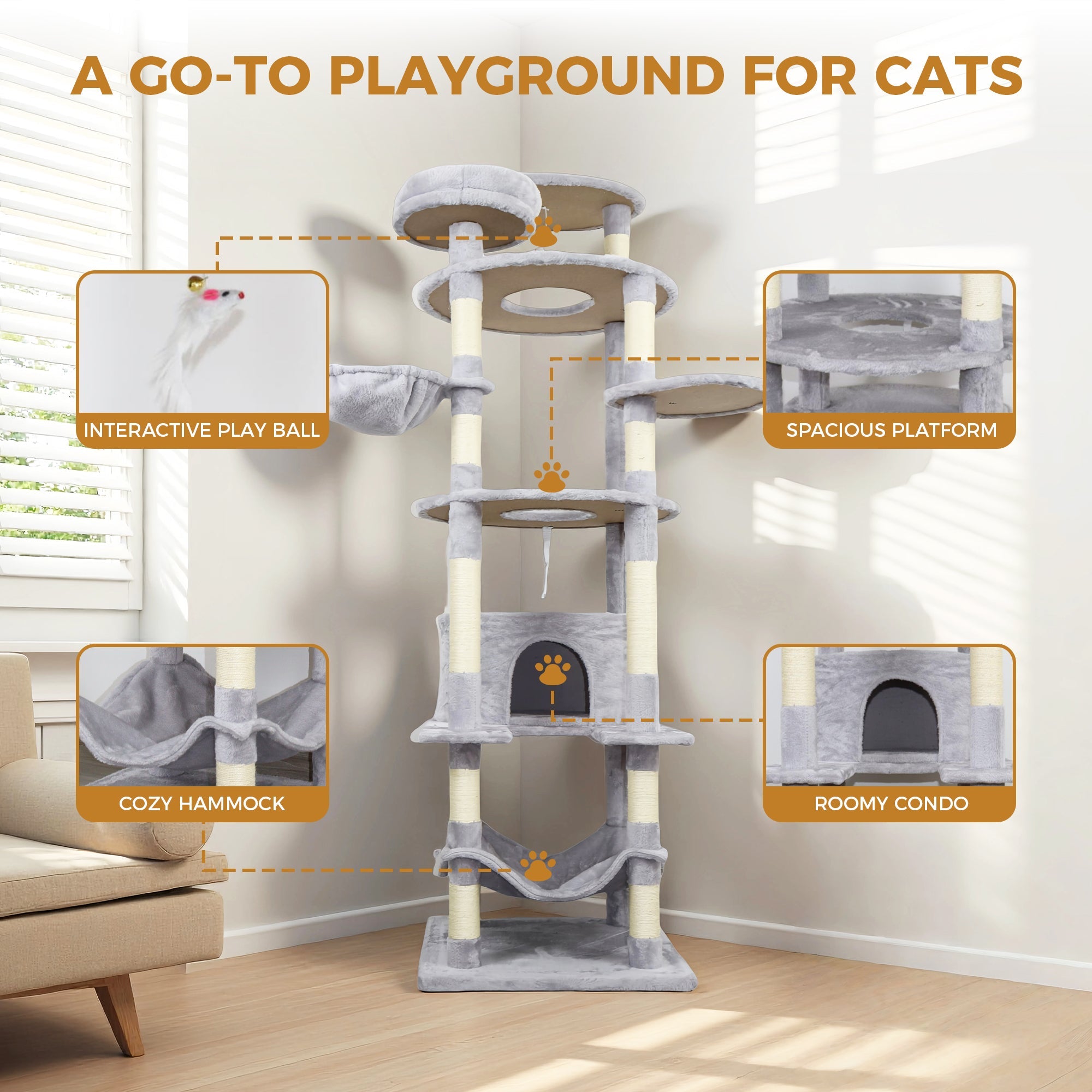 78.8 Light grey wide - base Cat Tree Tower - KiKiUMi