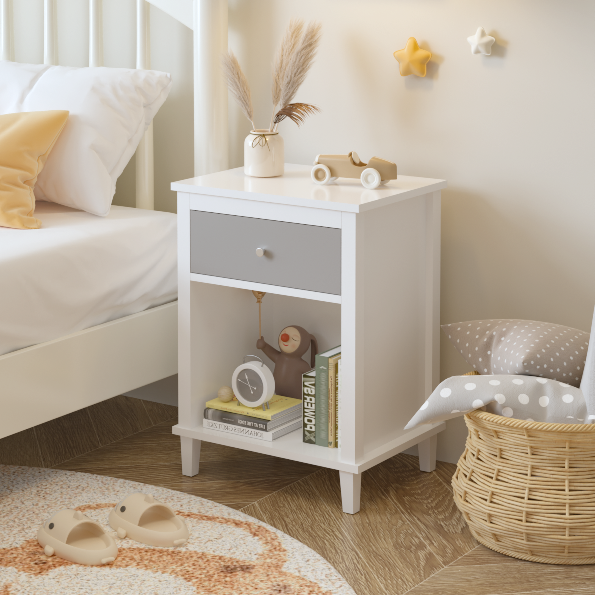 Gray+Silver handle  wooden bedside table with drawers and storage cabinets