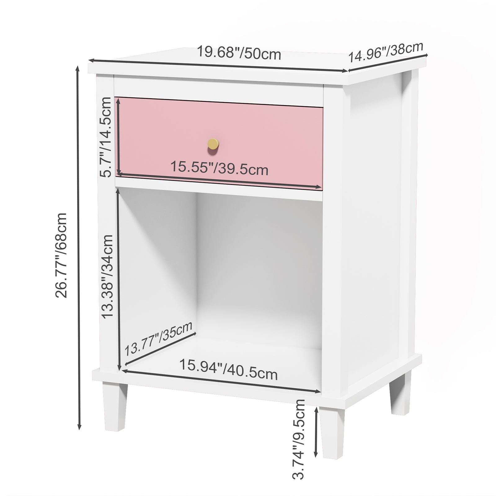 Pink wooden bedside table with drawers and storage cabinets