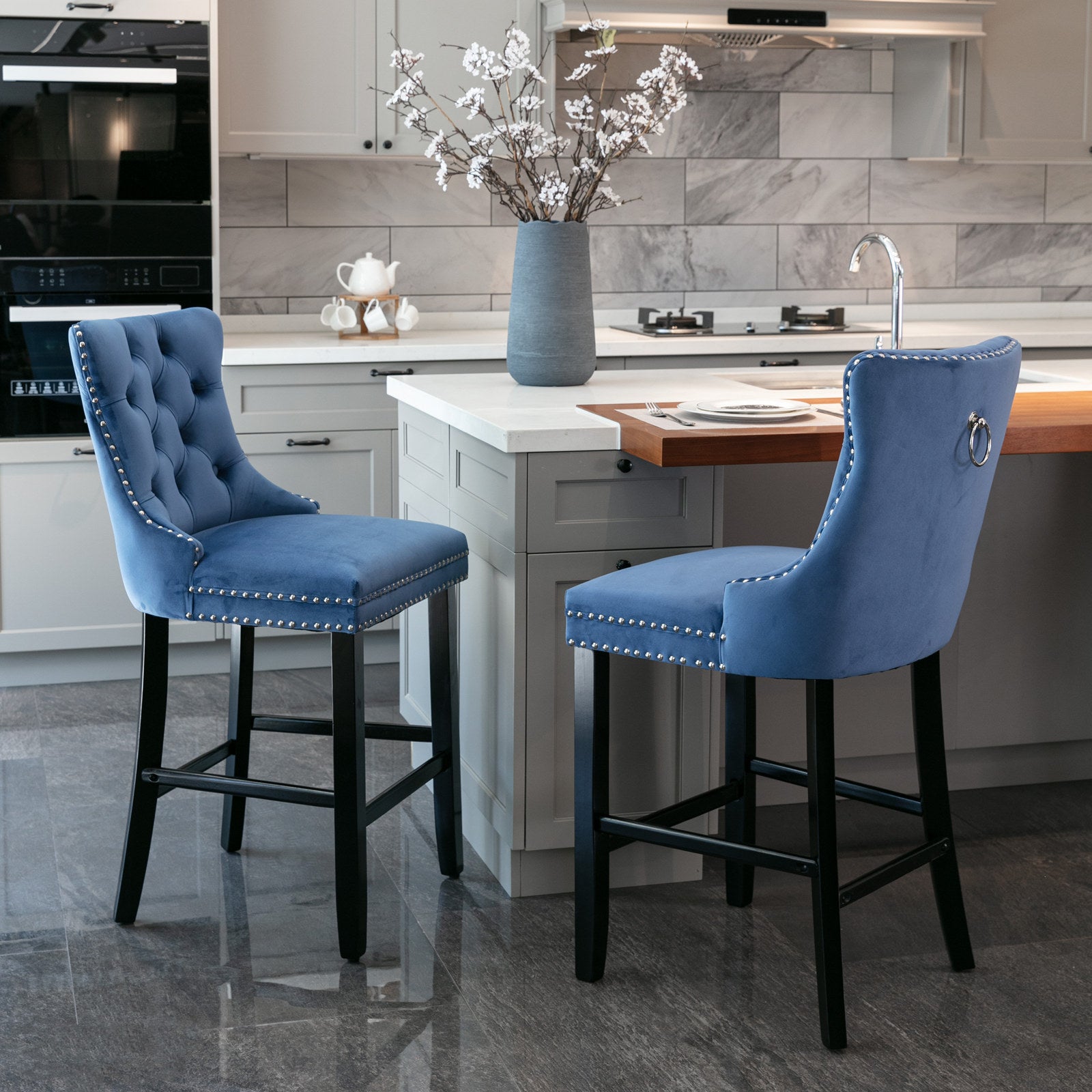 Two casual velvet upholstered bar stools (blue)