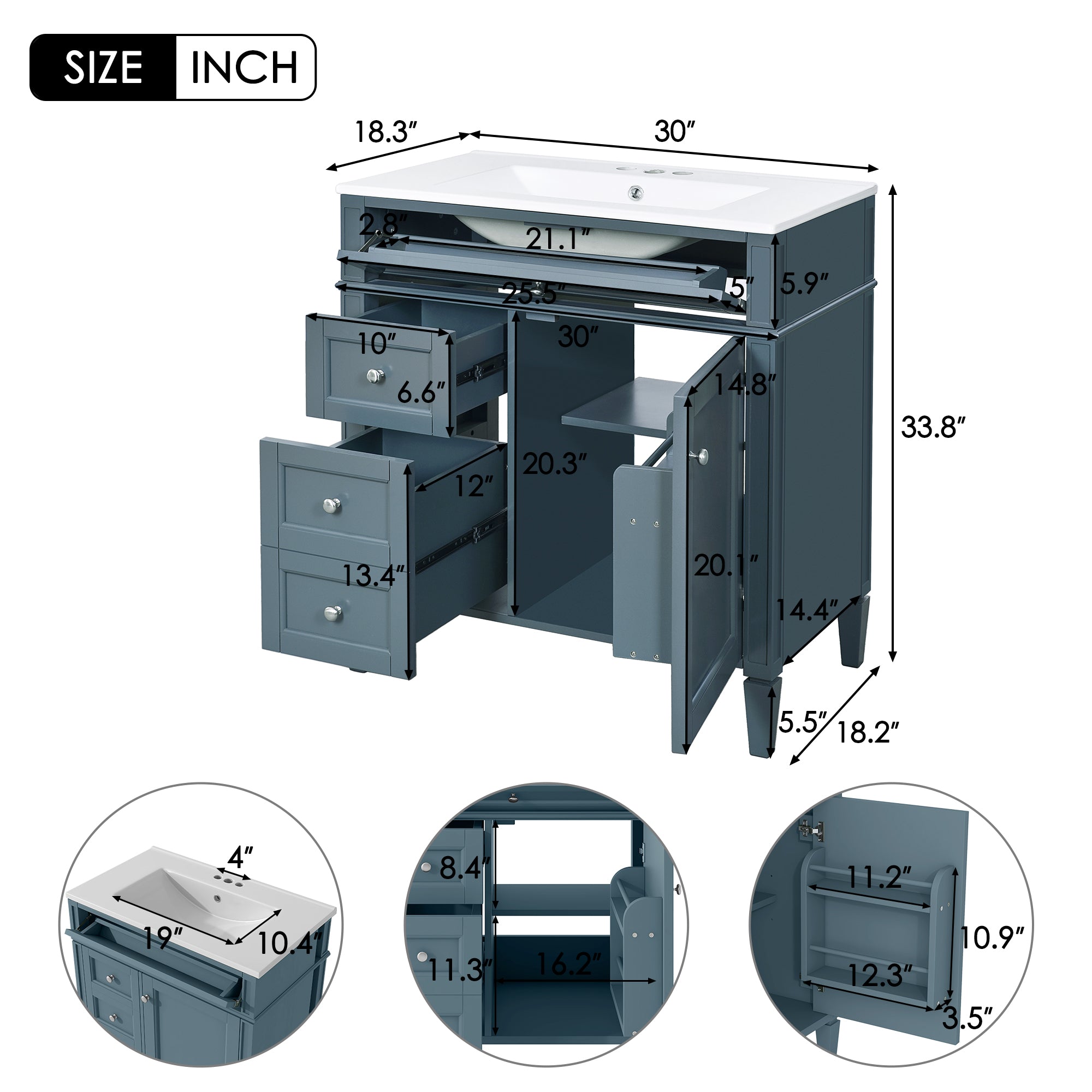 30 "Single sink bathroom dressing table, modern bathroom storage cabinet(blue)