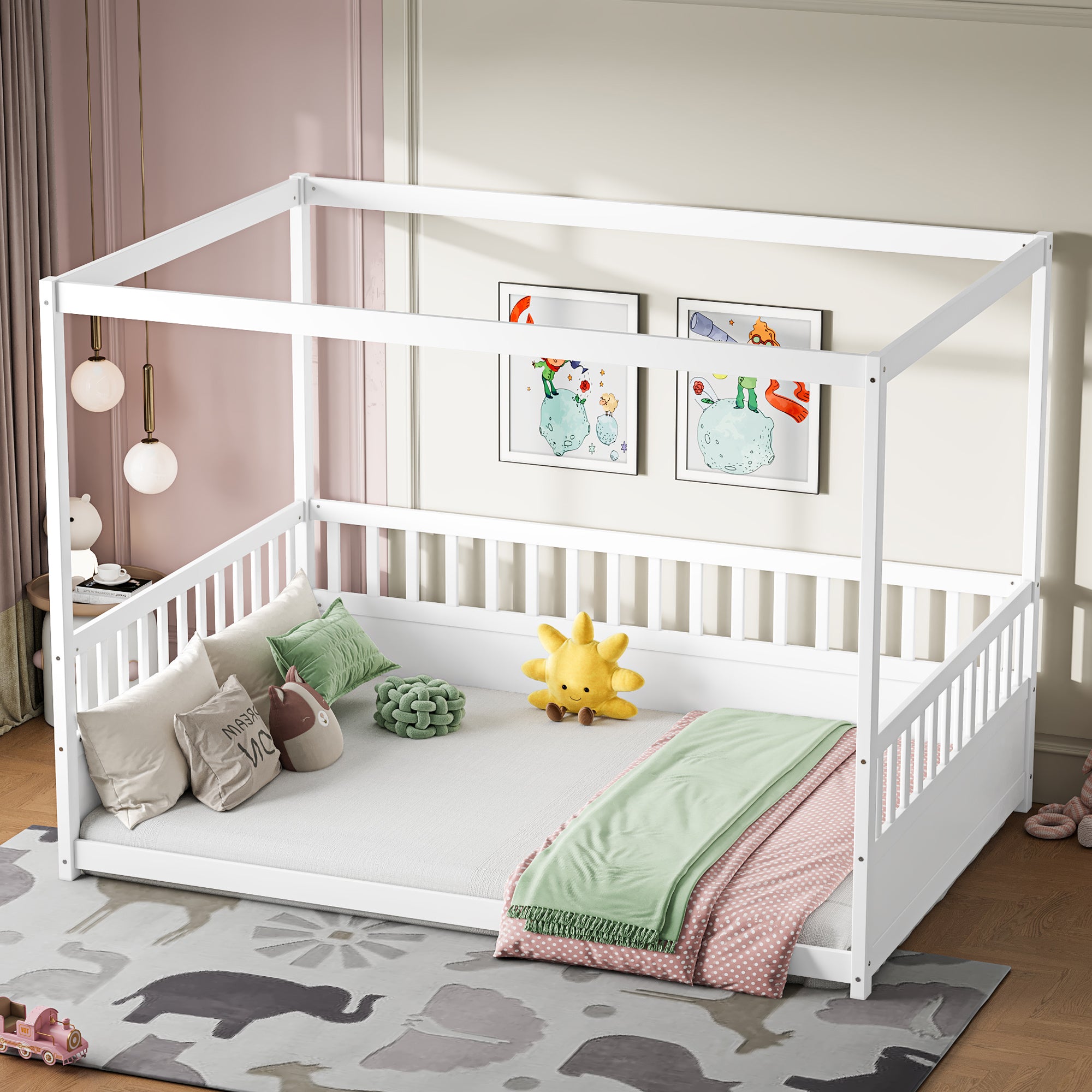White children's Montessori floor bed, wooden canopy bed frame